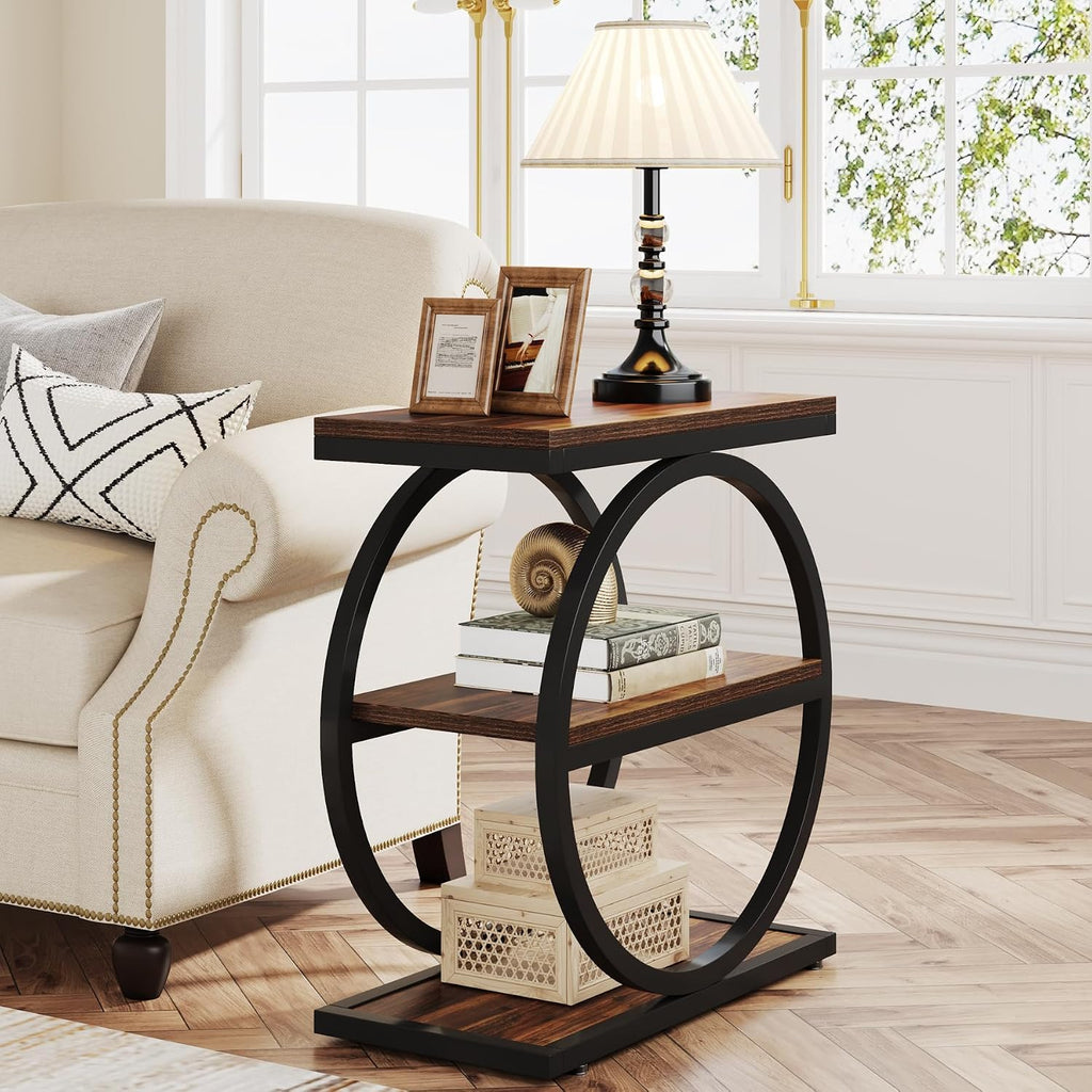 LITTLE TREE 3-Tier End Table Set of 2, Industrial Side Table with Storage Shelves, Small Sofa Side Table for Living Room, Wooden Side End Table with Round Metal Legs, Slim Nightstand and Bedside Table