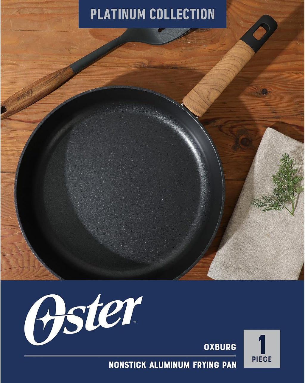 Oster Platinum Oxburg 10 Inch Frying Pan Forged Aluminum PFA Free Non-toxic Premium Ceramic Non Stick Interior Skillet, Kitchen Egg Pan, Omelet Pan - Black w/Wood Handles