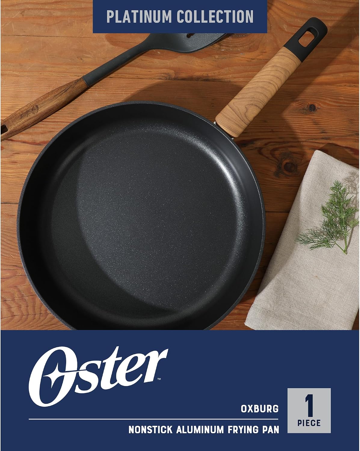 Oster Platinum Oxburg 10 Inch Frying Pan Forged Aluminum PFA Free Non-toxic Premium Ceramic Non Stick Interior Skillet, Kitchen Egg Pan, Omelet Pan - Black w/Wood Handles