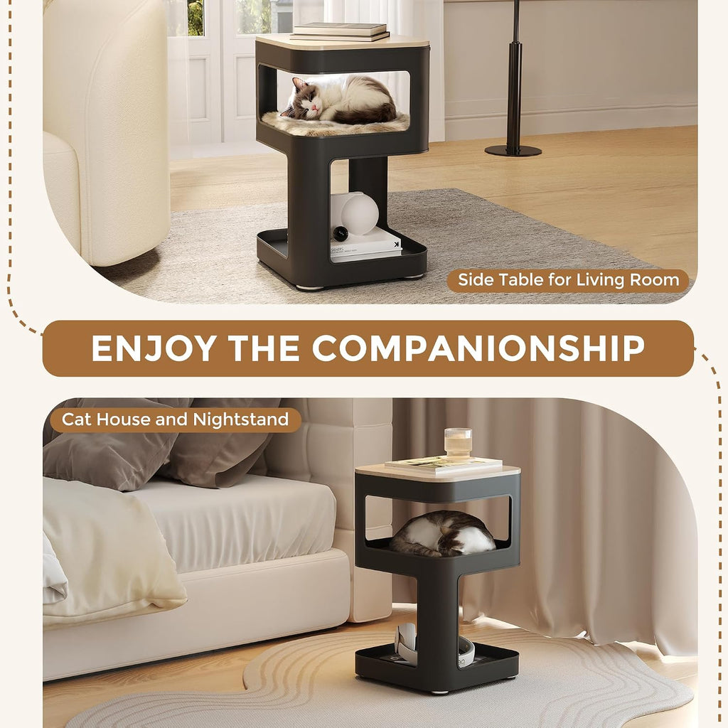 EUREKA ERGONOMIC Side Table Cat Beds, Square End Table with Cat House, Metal Nightstand with 3 Tier Storage, Modern Side Table End Beside Table for Living Room Bedroom Indoor, Easy Assembly, Black