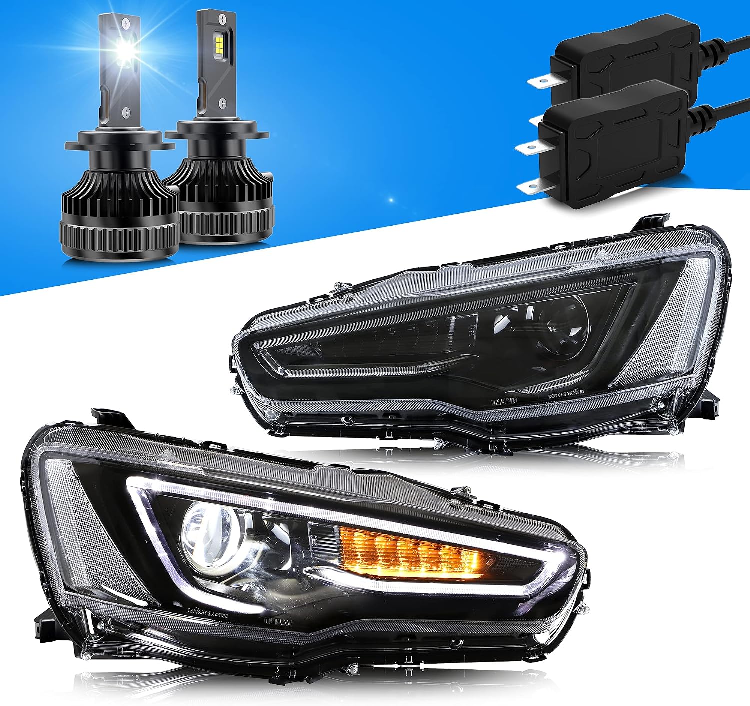 VLAND Projector Headlights + Led Bulbs Compatible with EVO X &Lancer 2008-2023 w/Sequential Indicator w/Smoke Lens Passenger+ Driver Sides+Bulbs(Smoke Lens+Led Bulbs)