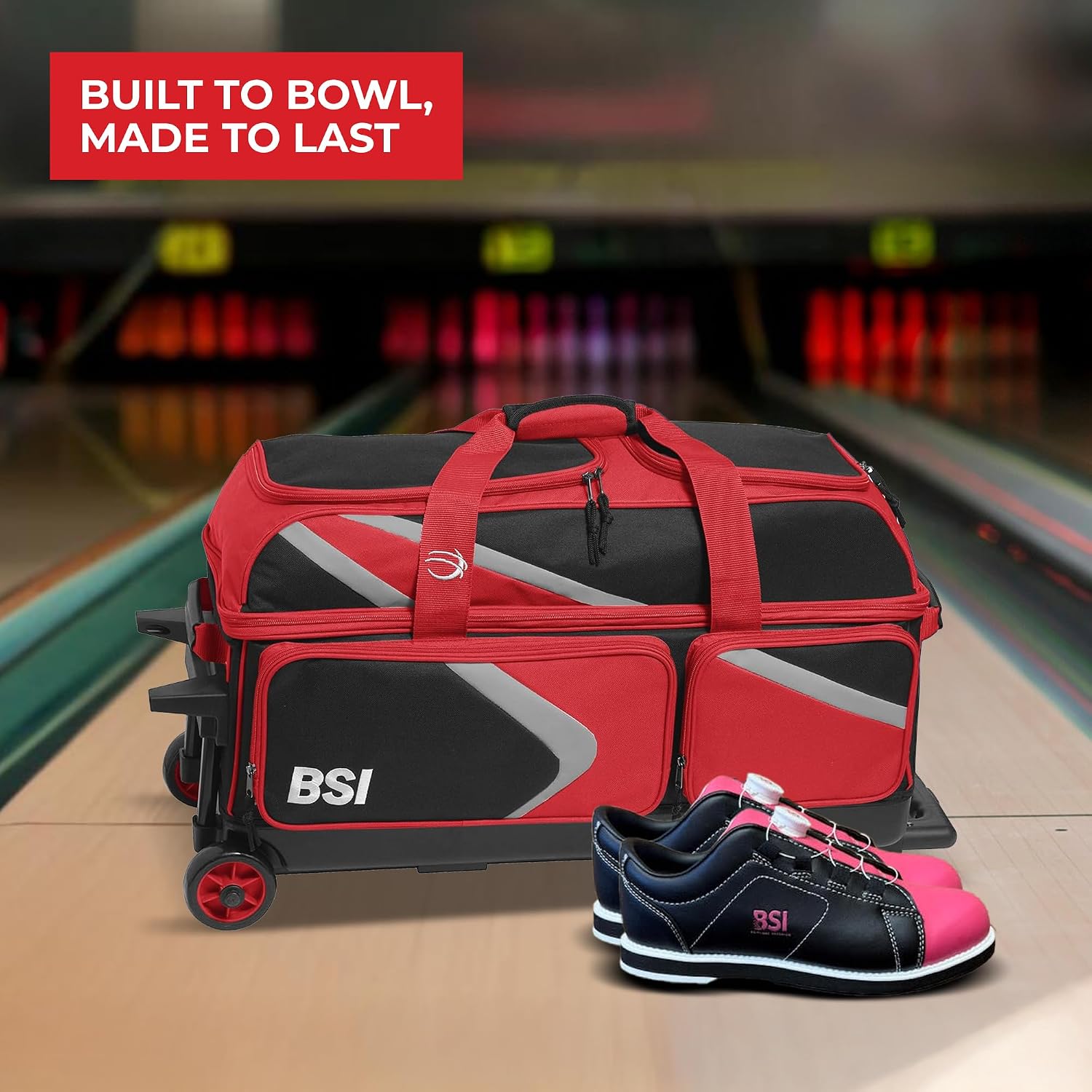 BSI Dash Roller Bowling Bag with Smooth Rolling Wheels, Padded Ball Compartment, Retractable Locking Handle, & Shoe Pocket