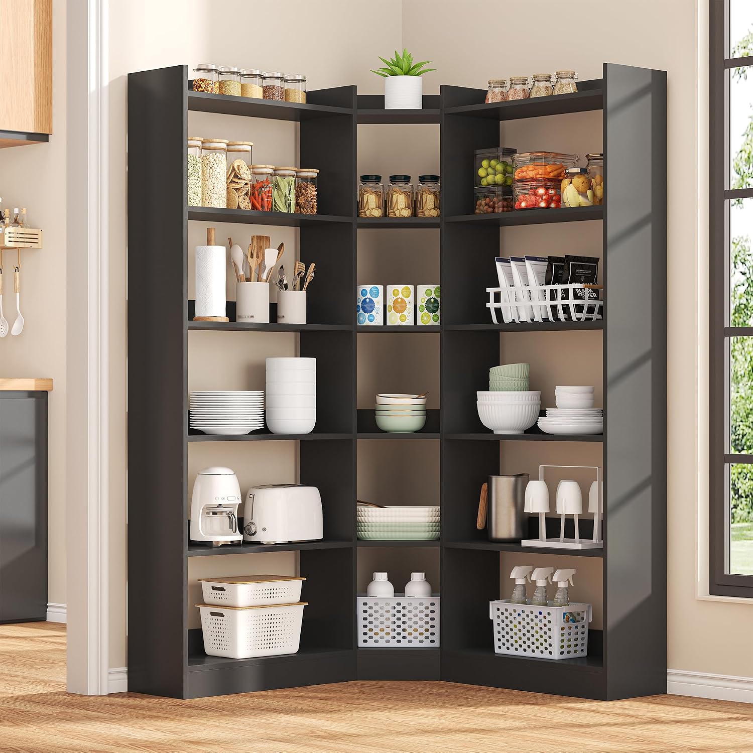 Nosepen 6 Tiers Corner Bookshelf, 63.1' Tall Modern Corner Etagere Bookcase Storage Display Rack Book Shelf with Baffle, Industrial L Shaped Bookshelves for Bedroom, Home Office, Living Room, Black
