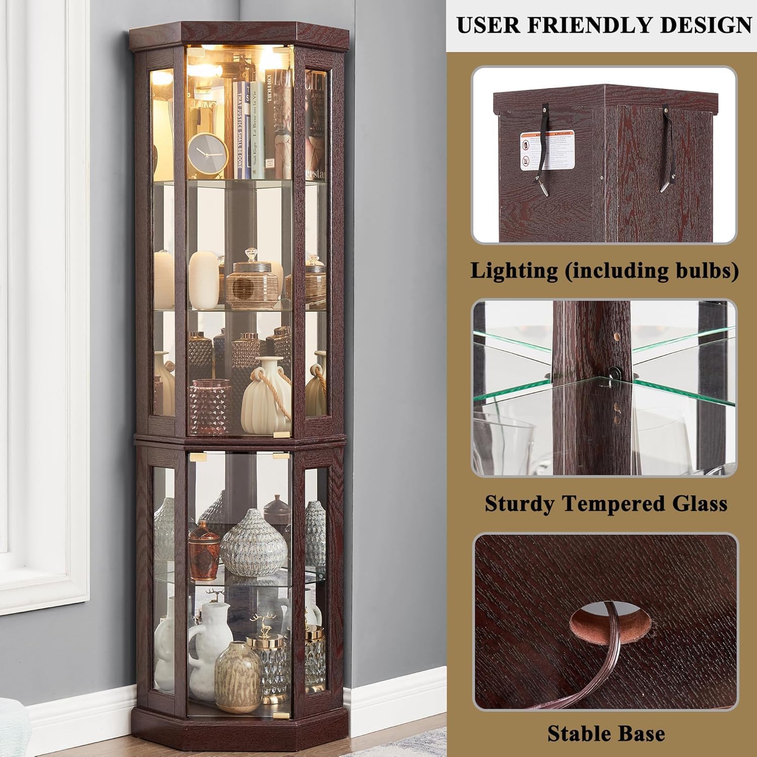 69' H Lighted Corner Curio Cabinet, 5-Tier Curio Glass Display Cabinet with Door & Adjustable Glass Shelves, Wooden Display Showcase Corner Storage Cabinet for Living Room (Dark Cherry)