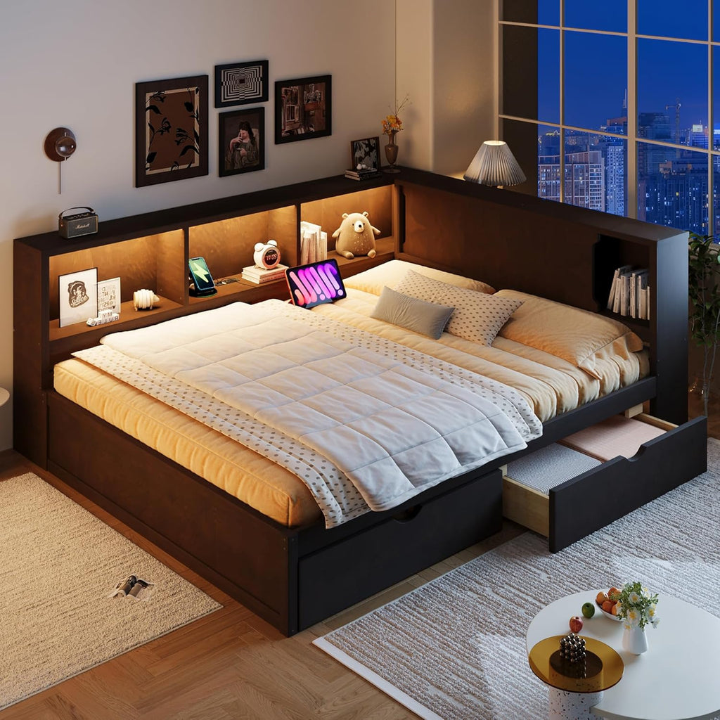 Merax Queen Size Daybed Frame with 2 Drawers and Storage Shelves for Kids, Teens or Adults, Wooden Corner Bed Sofa Bed with USB Ports and LED for Living Room or Bedroom, No Box Spring Needed, Brown