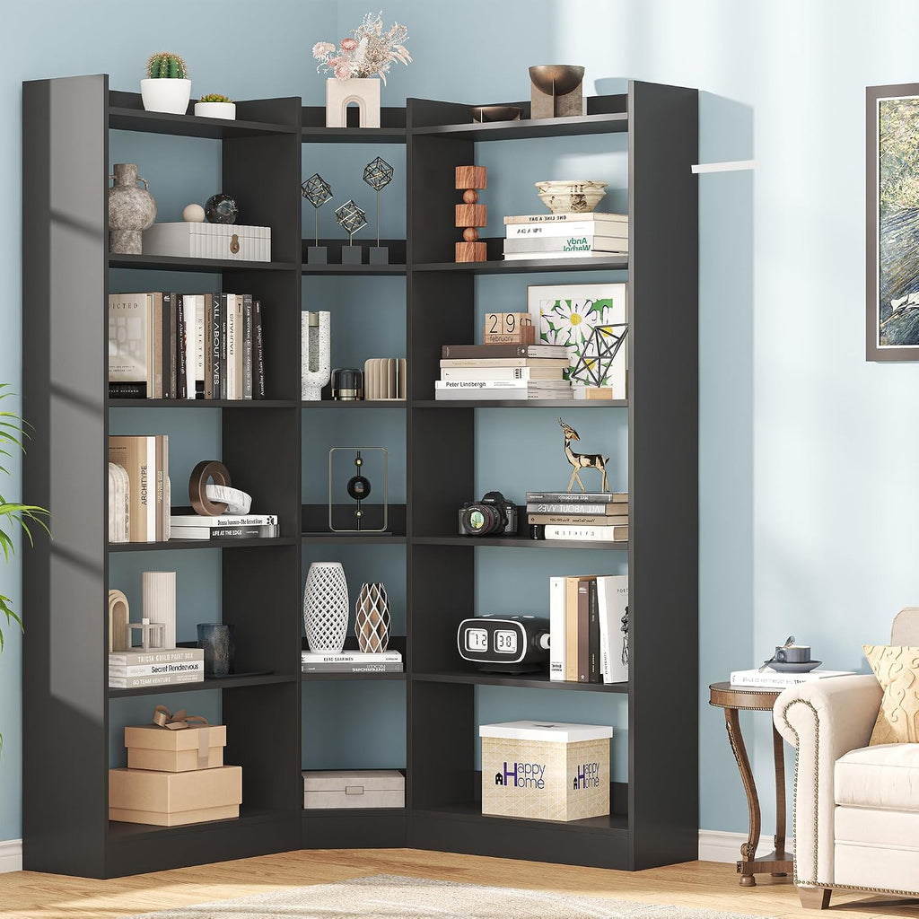 6 Tiers Corner Bookshelf and Bookcase with Baffle, 63.1' Tall Modern L-Shaped Storage Display Book Shelf Industrial Bookshelves for Bedroom, Living Room, Kitchen, Home Office, Black