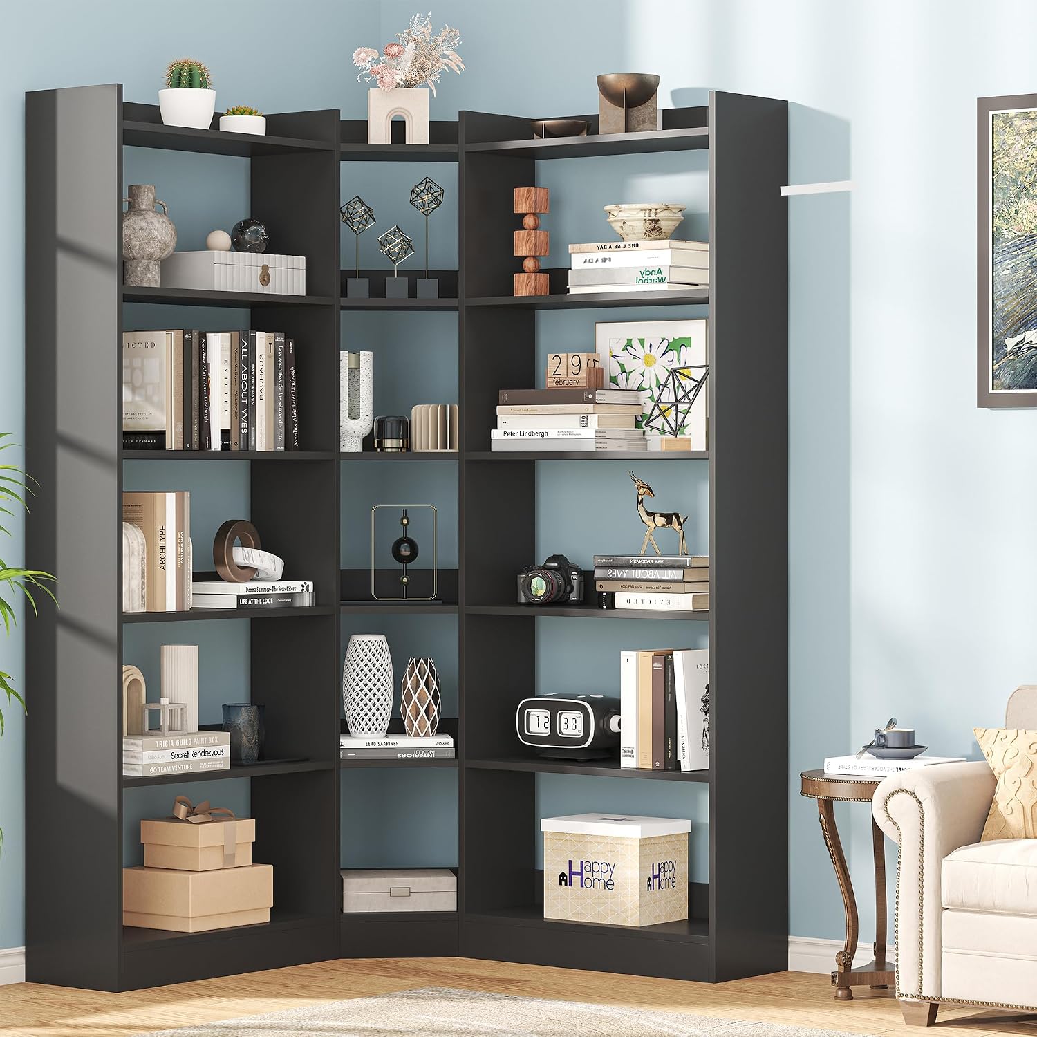 6 Tiers Corner Bookshelf and Bookcase with Baffle, 63.1' Tall Modern L-Shaped Storage Display Book Shelf Industrial Bookshelves for Bedroom, Living Room, Kitchen, Home Office, Black