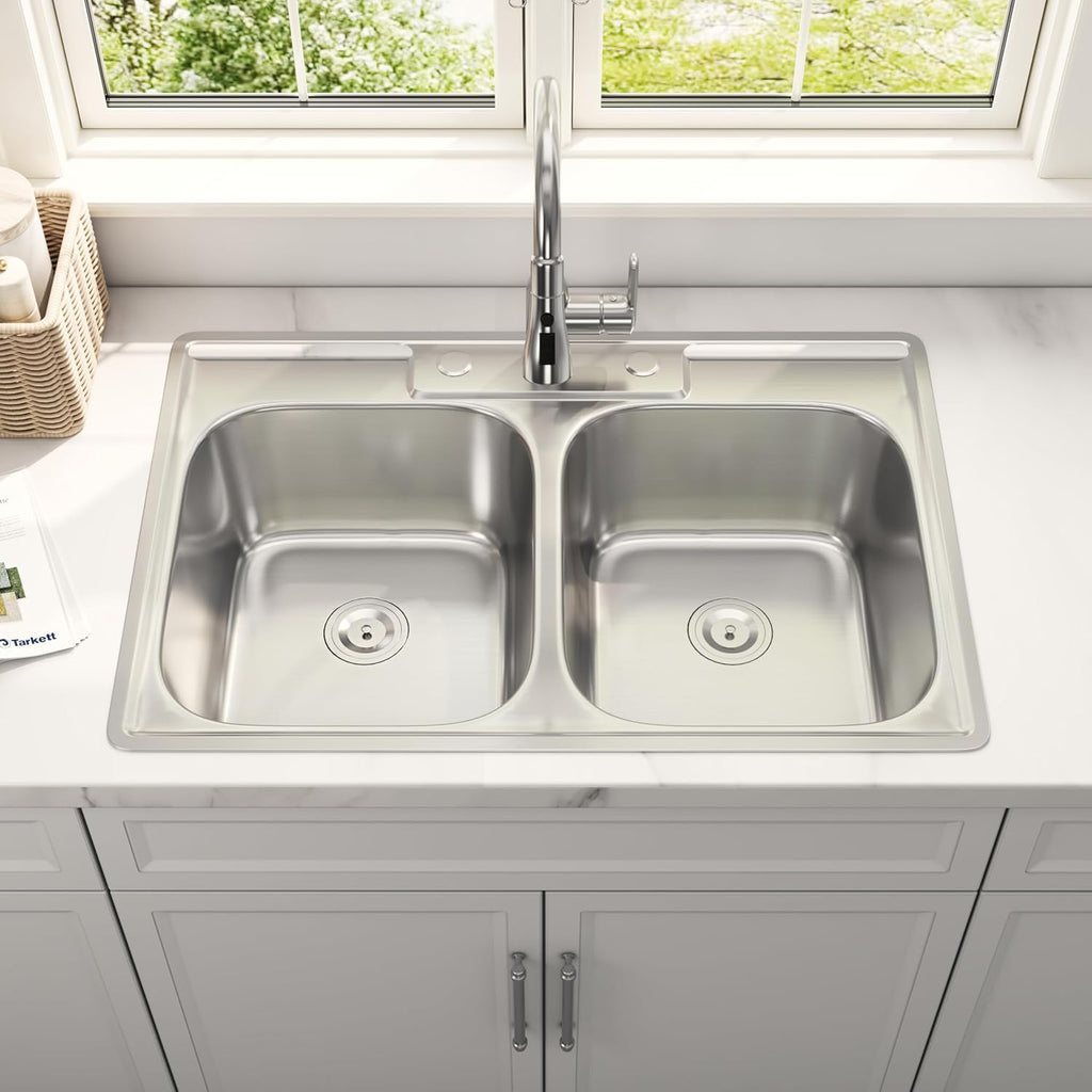 33x22 Double Bowl Drop In Kitchen Sink 33 Inch Topmount 304 Stainless Steel 18 Gauge Curved Shape Round Corner 50/50 Sinks with Basket Strainer 33' x 22' x 9'