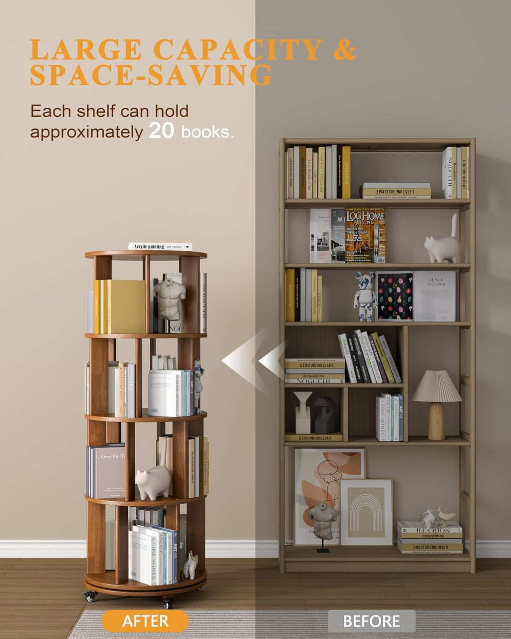 4-Tier Solid Wood Rotating Bookshelf on Wheels, 360° Spinning Book Shelf Tower, Round Revolving Bookcase Organizer, Rolling Bookshelves for Small Spaces, Corner, Bedroom, Kids Room, Office, Walnut
