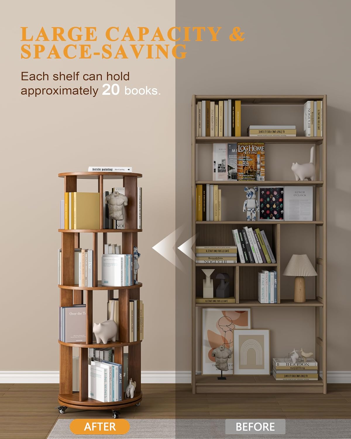 4-Tier Solid Wood Rotating Bookshelf on Wheels, 360° Spinning Book Shelf Tower, Round Revolving Bookcase Organizer, Rolling Bookshelves for Small Spaces, Corner, Bedroom, Kids Room, Office, Walnut