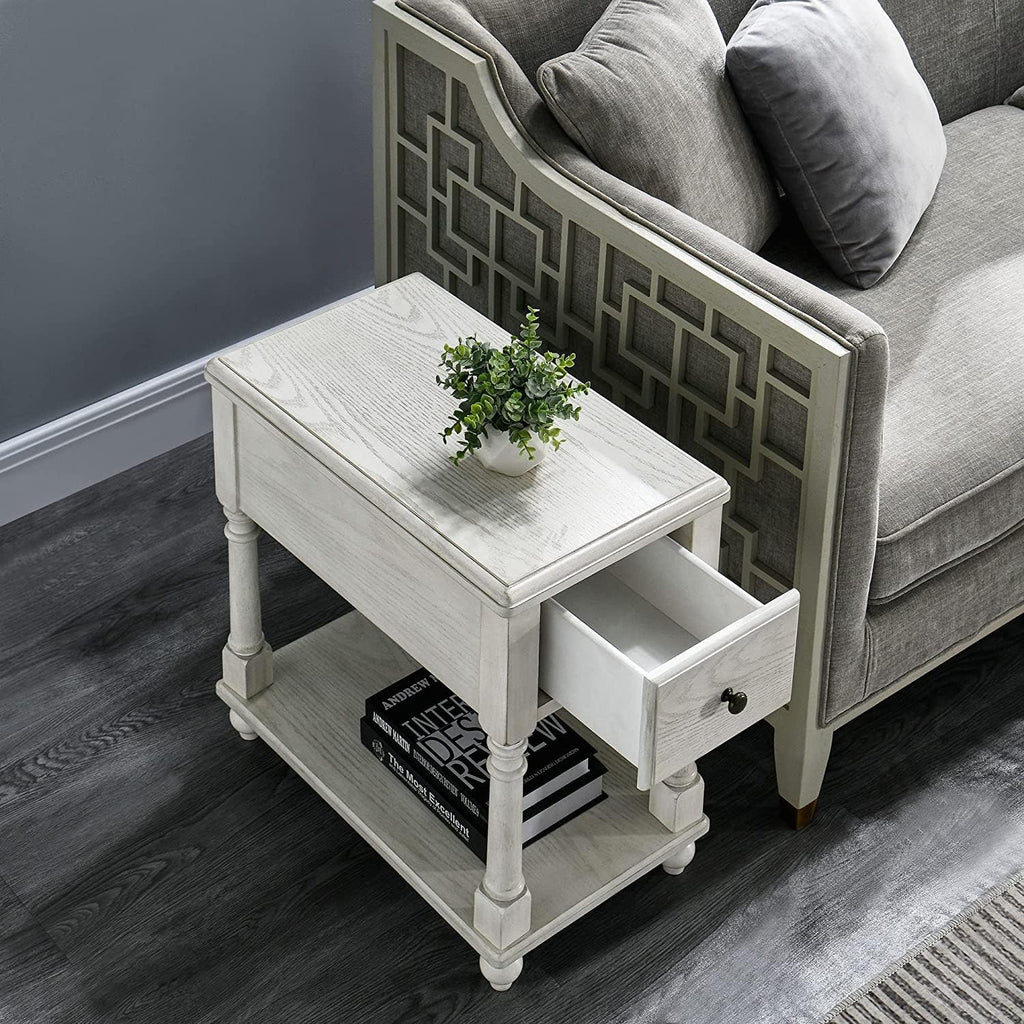 Narrow Open End Table with Drawer, Solid Wood Side Table 2-Tier Skinny Table with Storage Shelves Slim Nightstand Small Sofa End Table for Living Room Bedroom-Antique White 004RW