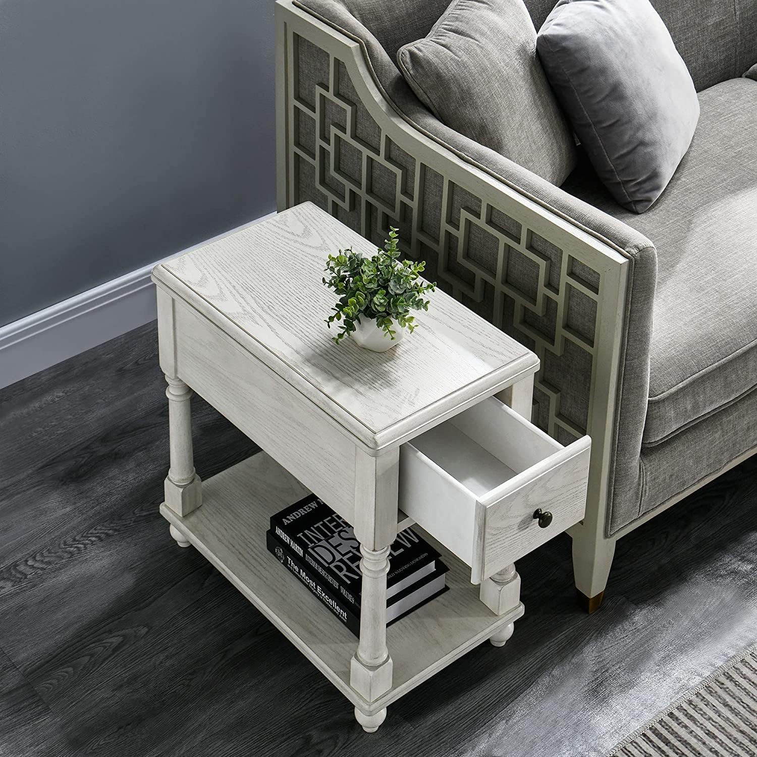 Narrow Open End Table with Drawer, Solid Wood Side Table 2-Tier Skinny Table with Storage Shelves Slim Nightstand Small Sofa End Table for Living Room Bedroom-Antique White 004RW