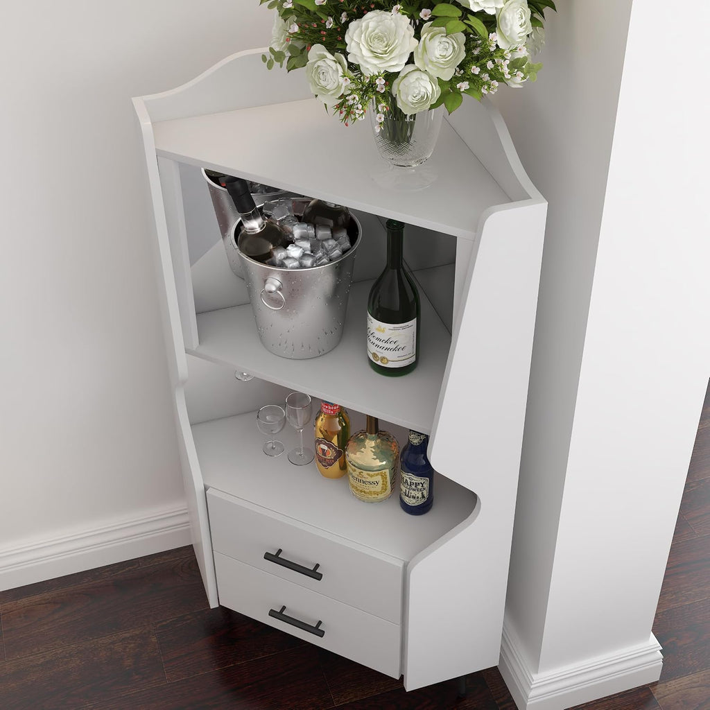 GDFStudio Wooden Corner Shelf Cabinet, Mirrored Back Coffee Bar Cabinets with Drawers & Open Storage, High Feet Corner Wine Rack Liquor Stand Kitchen Storage Cabinet for Living Room Dining Room, White