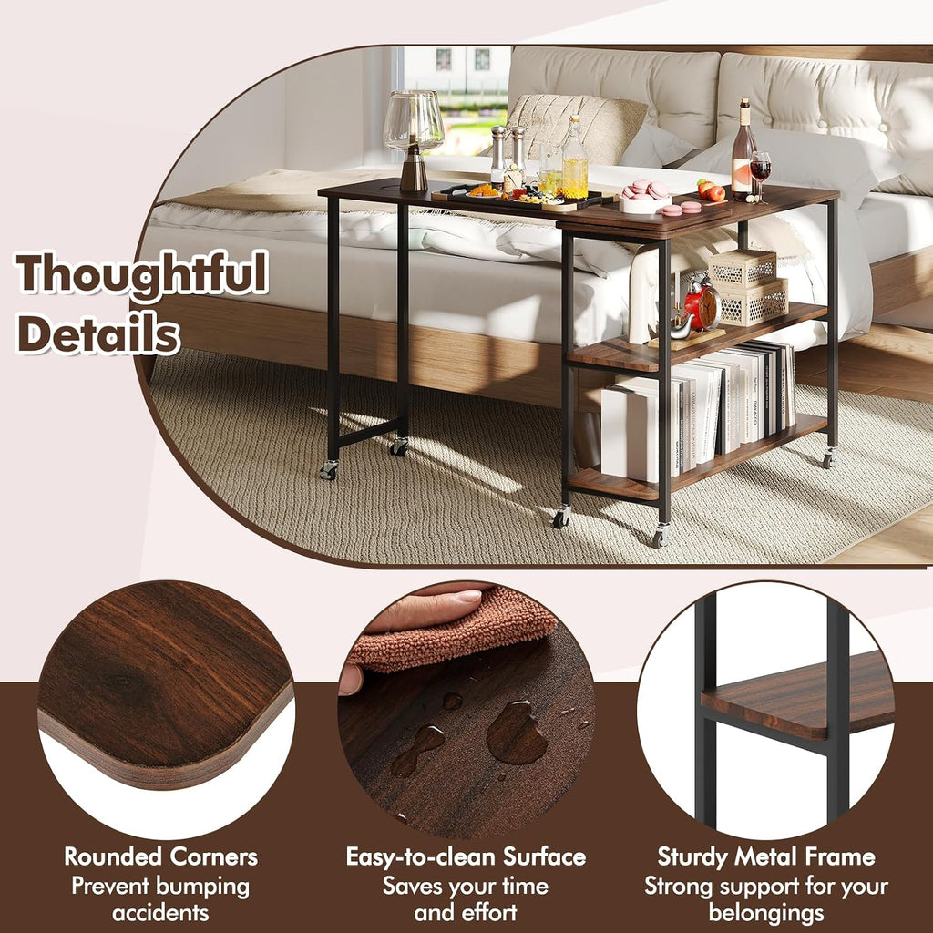 Giantex 360° Free Rotating Sofa Side Table, Patented Mobile End Table with 2-Tier Storage Shelves, 6 Universal Casters, Movable Laptop Tables for Snack, Couch, Walnut