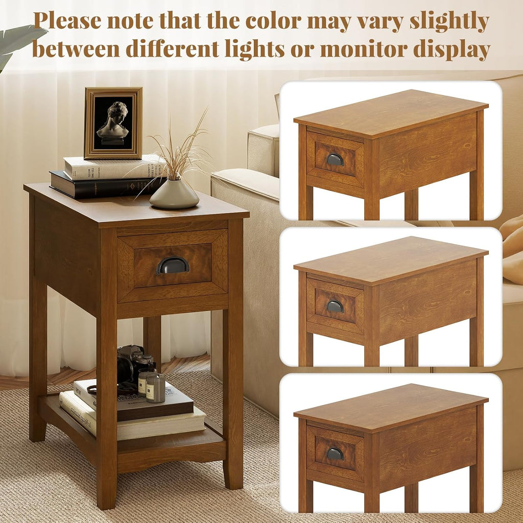 Giantex End Table with Drawer, Retro Narrow Side Table, Nightstand with Solid Wood & Storage Shelf, Bedside Table for Living Room Bedroom Small Space Home Office (2, Tawny)