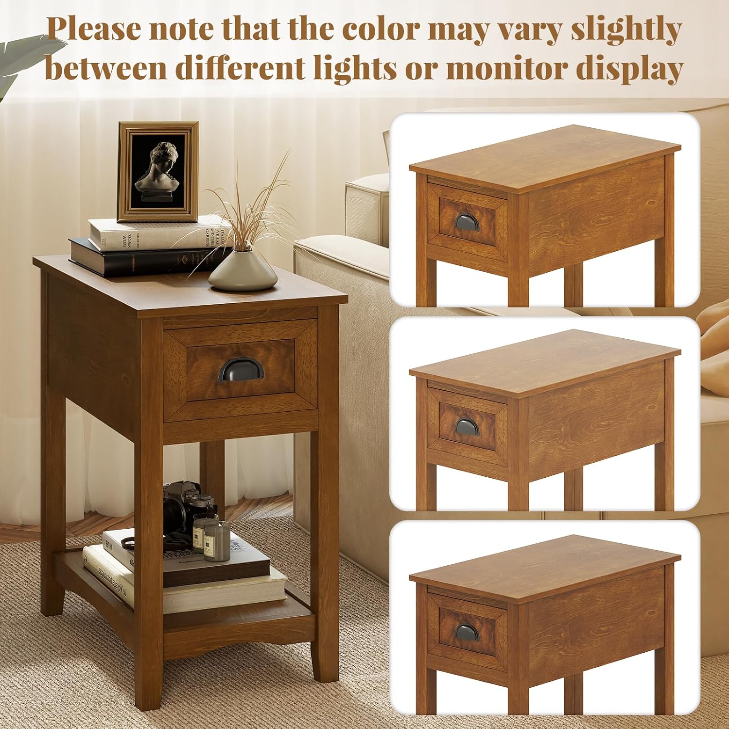 Giantex End Table with Drawer, Retro Narrow Side Table, Nightstand with Solid Wood & Storage Shelf, Bedside Table for Living Room Bedroom Small Space Home Office (2, Tawny)