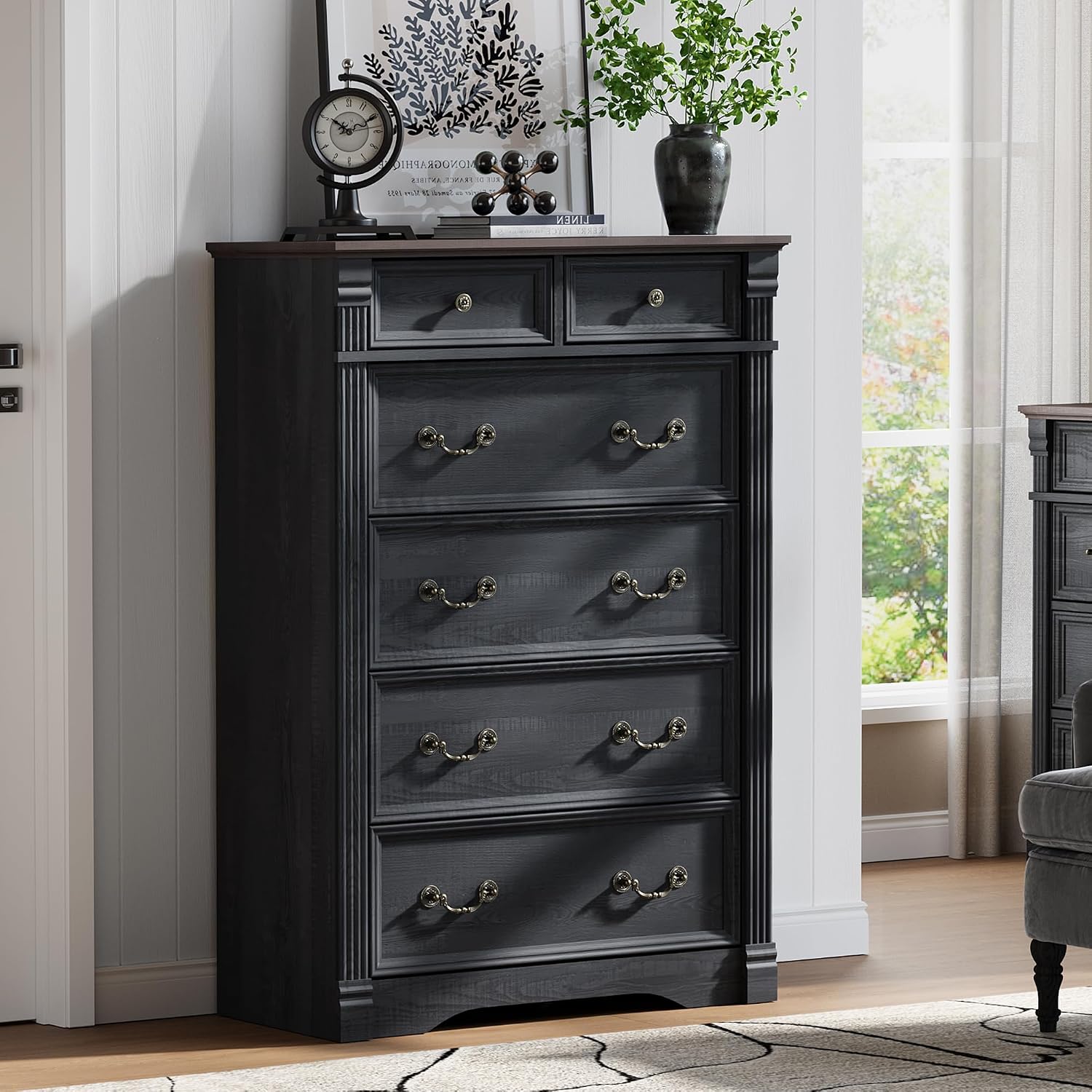 Black Dresser for Bedroom, 47' Tall Dresser for Bedroom, Wood Rustic Chest of Drawers with Chic Wood Pilasters, Farmhouse Dressers Organizer for Bedroom, Hallway