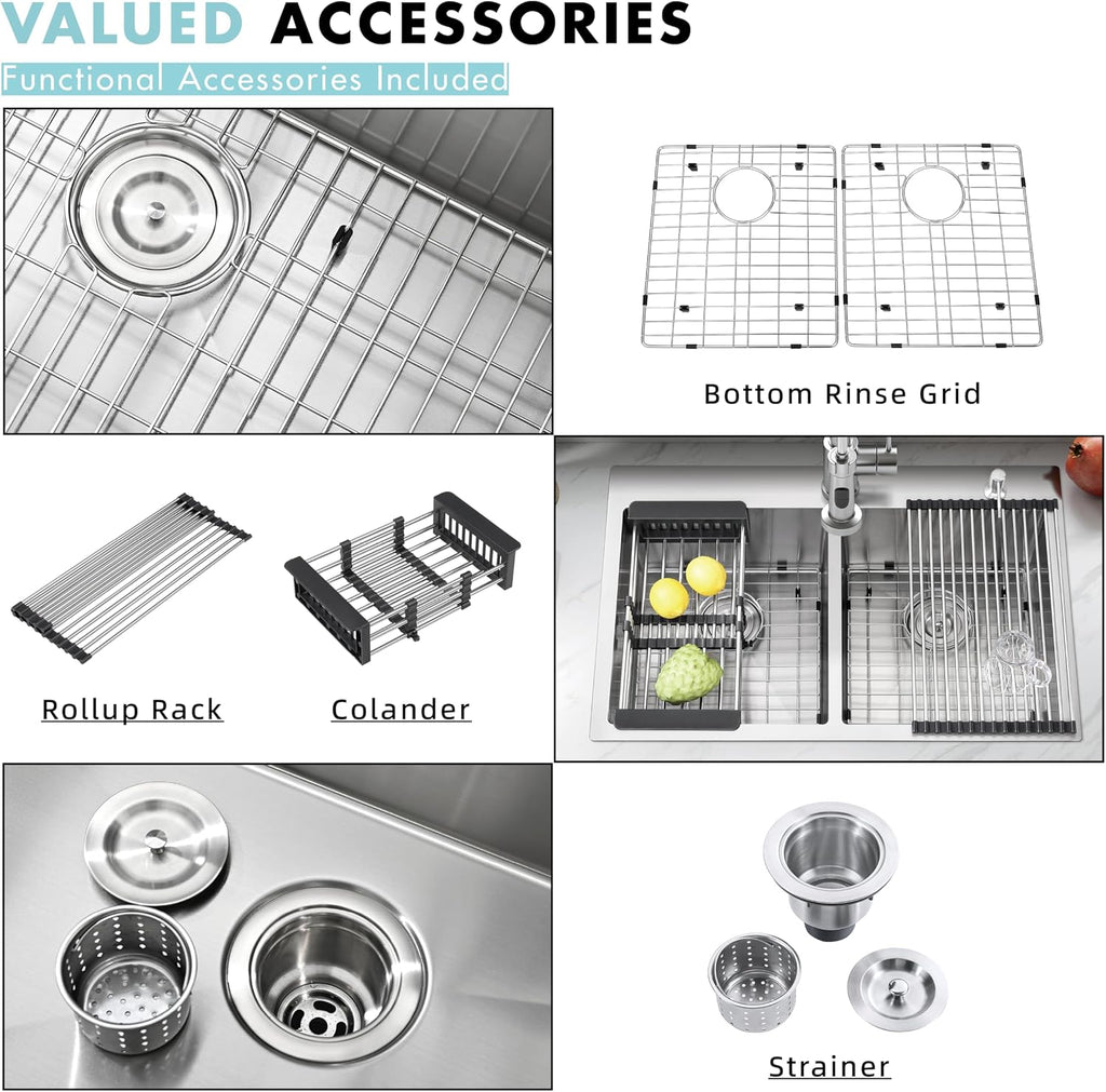 ATTOP 33 Inch Large Double Bowls Drop in Kitchen Sink,Nano Coating Stainless Steel Handmade Topmount Kitchen Sink