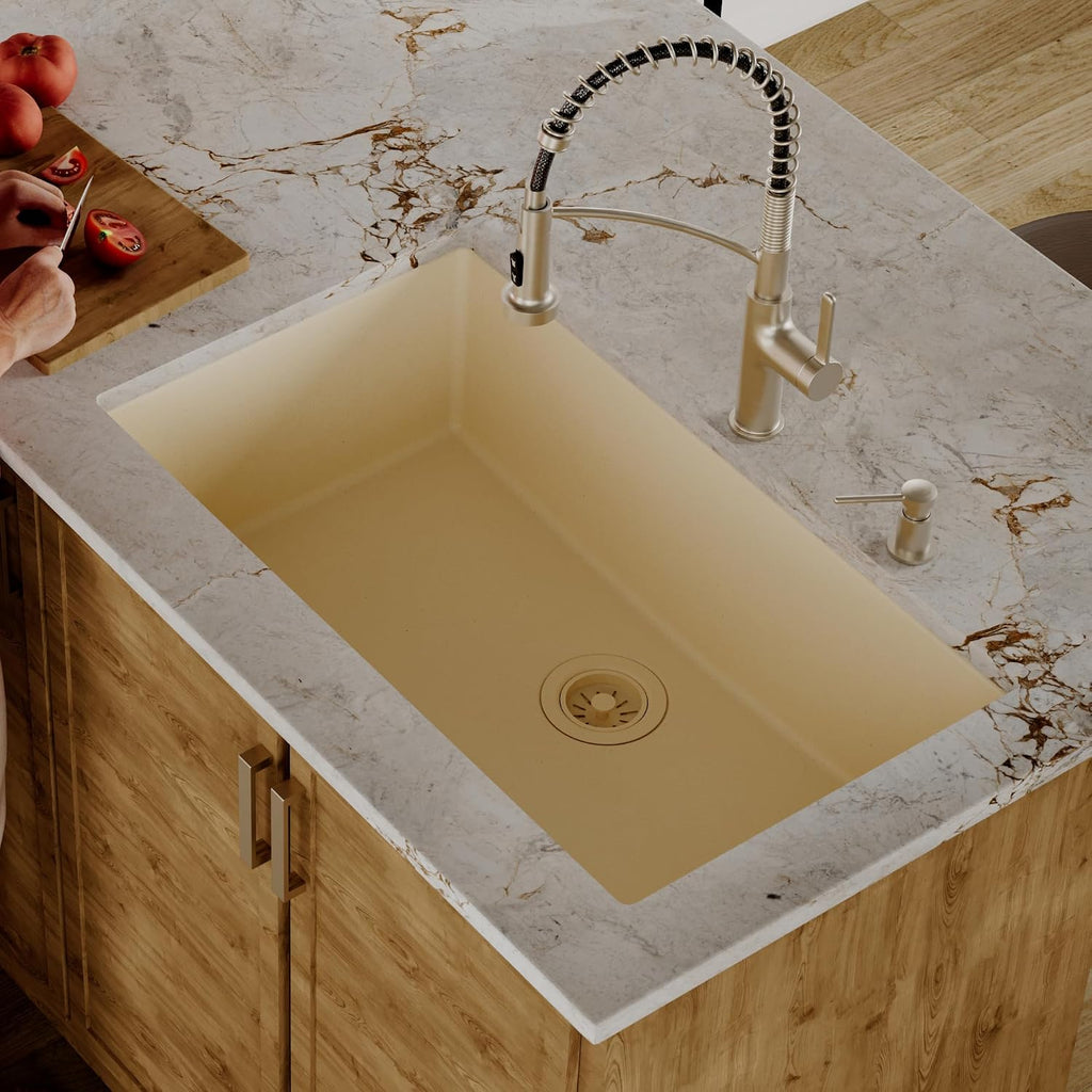 Karran Undermount 33' Large Single Bowl Granite Quartz Composite Kitchen Sink in Bisque – Extra Deep 9' Basin, Heat & Scratch Resistant, Sound Dampening, Rear Drain – QU-812