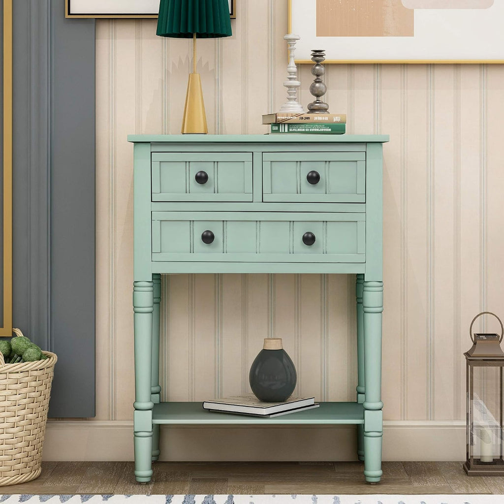 Knocbel Slim Antique Entry Console Table with Drawers & Bottom Open Shelf, Solid Wood Sofa Couch Table for Entryway Hallway Living Room (Mint Green)