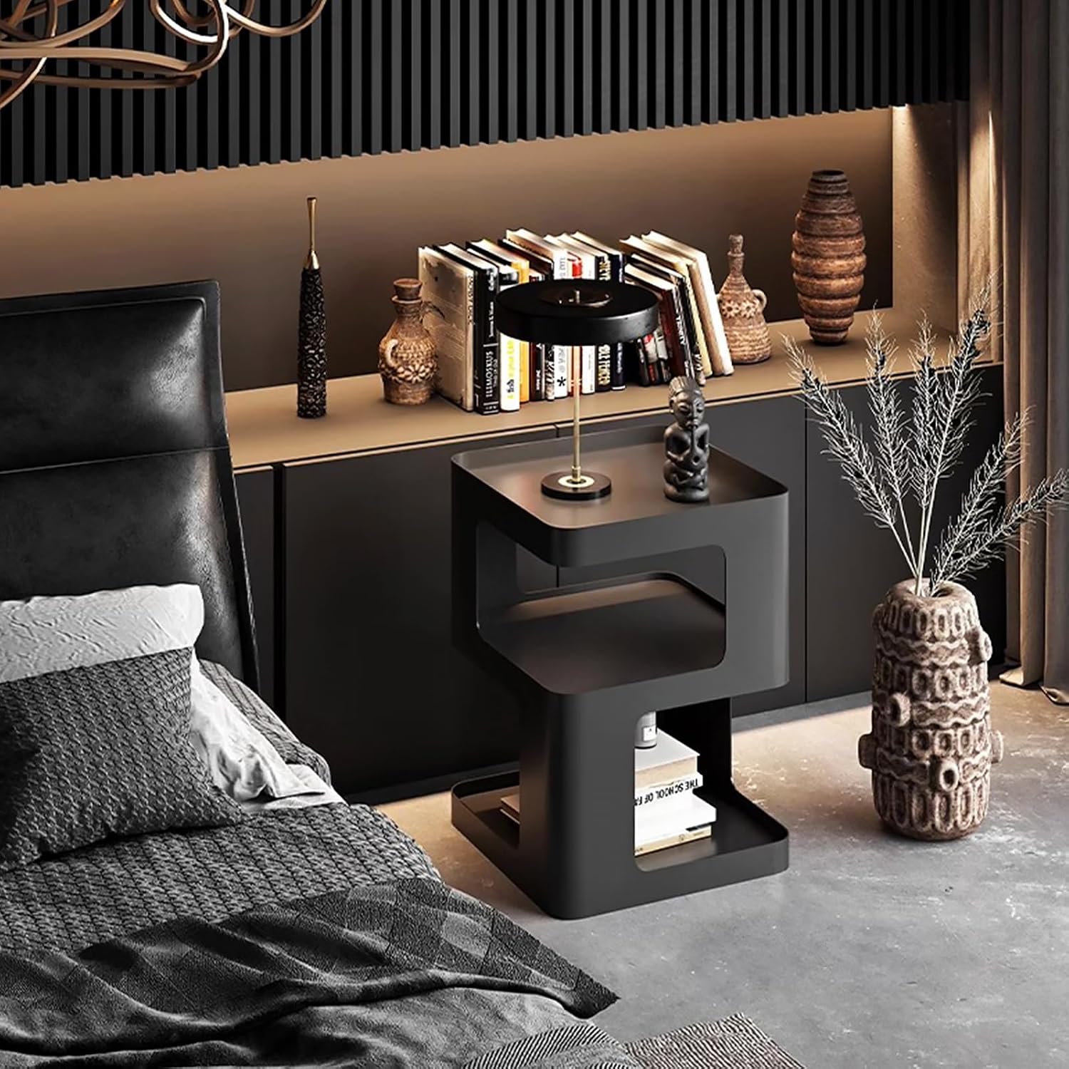 Modern Metal Side Table with Storage,Small End Table for Sofa & Couch,3-Tier Compact Nightstand for Small Spaces,Black Bedside Tables for Living Room & Bedroom,No Assembly Required