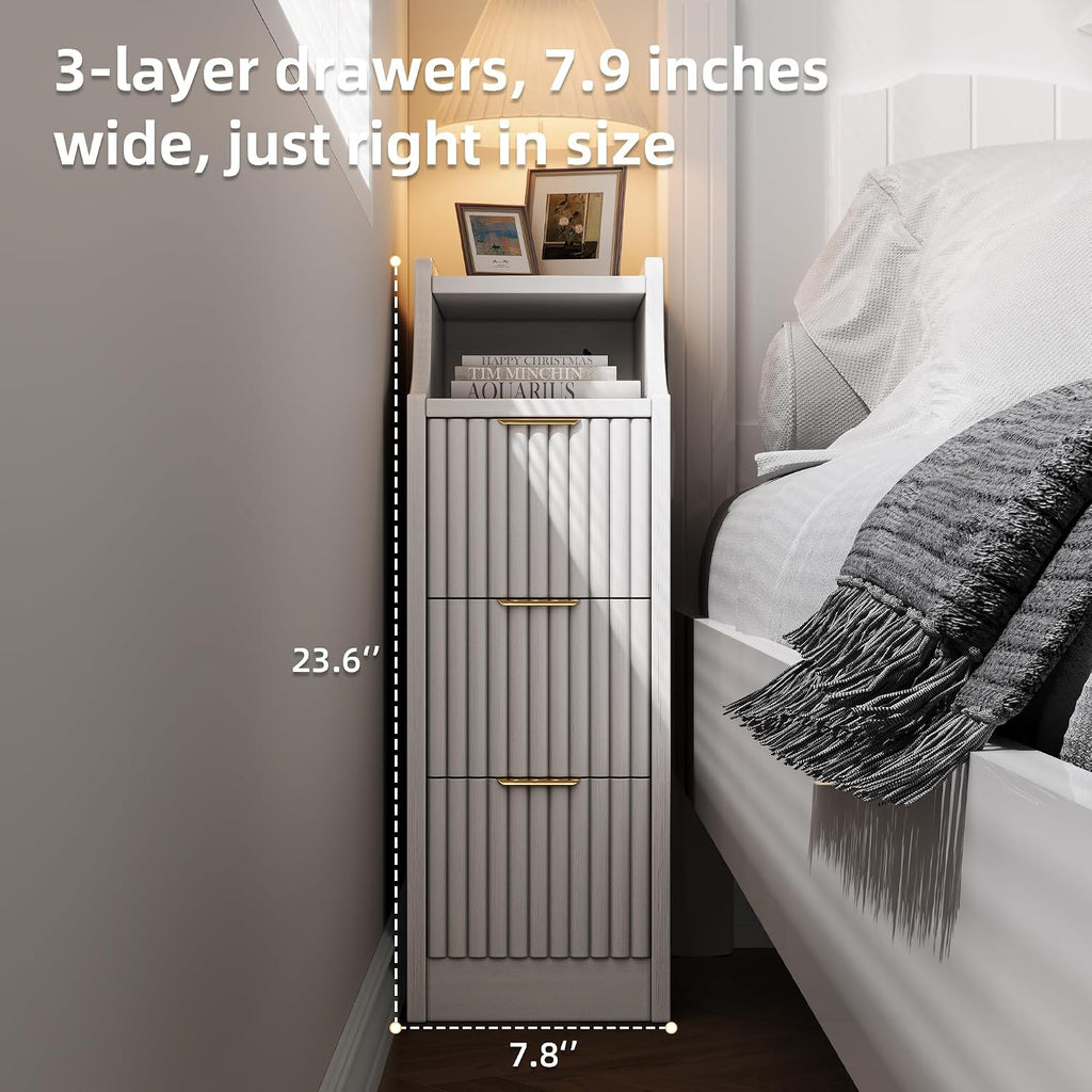 7.9' W Narrow Fluted Nightstand Set of 2,Slim Side End Table with 3 Drawers,Modern Bedside Table,Skinny Night Stand for Bedroom, Livingroom,Small Space (White)
