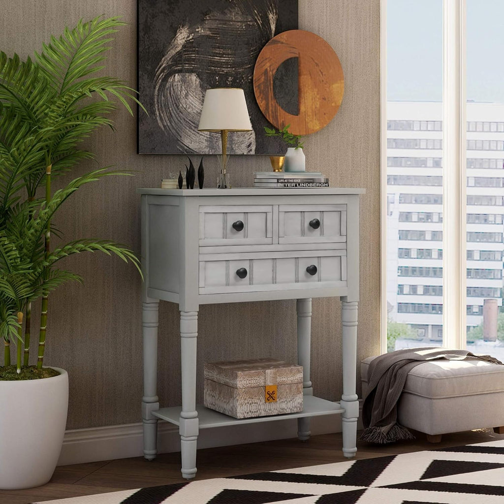 Knocbel Slim Antique Entry Console Table with Drawers & Bottom Open Shelf, Solid Wood Sofa Couch Table for Entryway Hallway Living Room (Gray Wash)