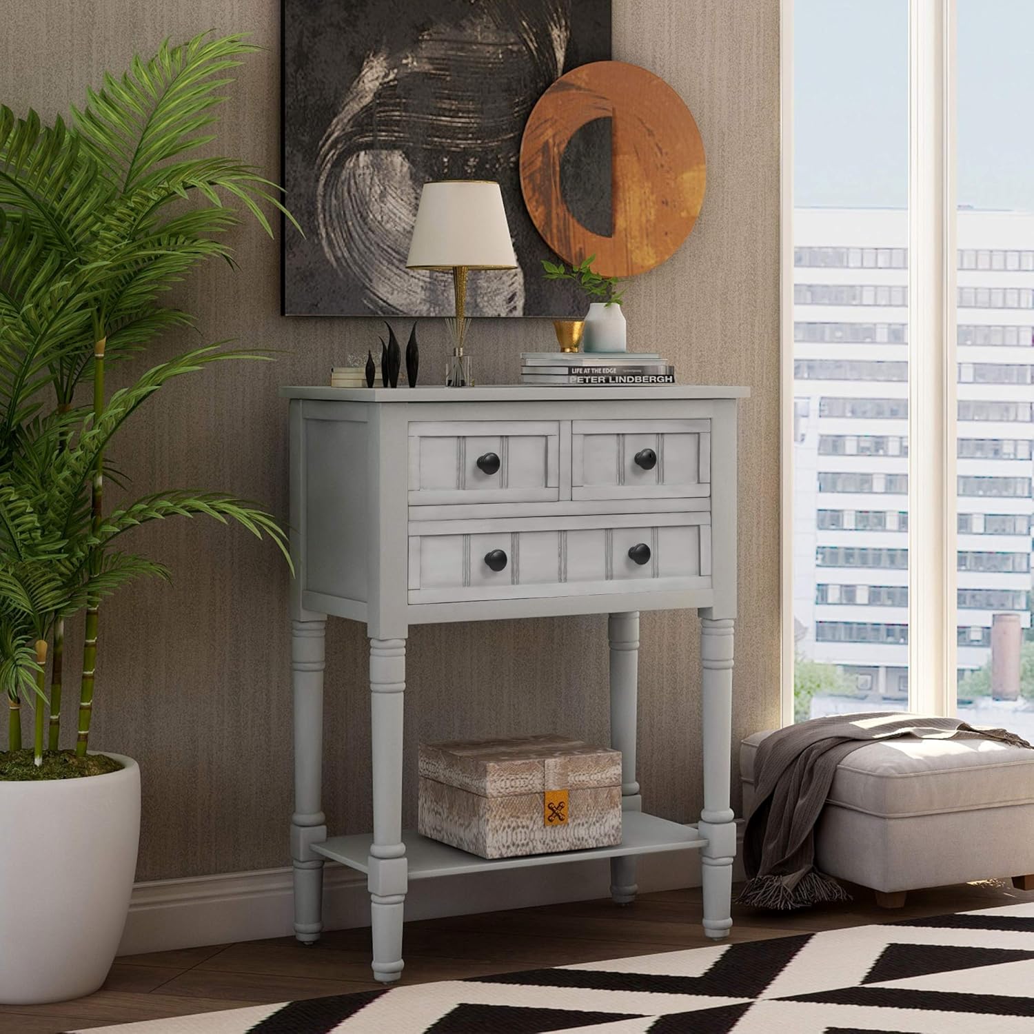 Knocbel Slim Antique Entry Console Table with Drawers & Bottom Open Shelf, Solid Wood Sofa Couch Table for Entryway Hallway Living Room (Gray Wash)