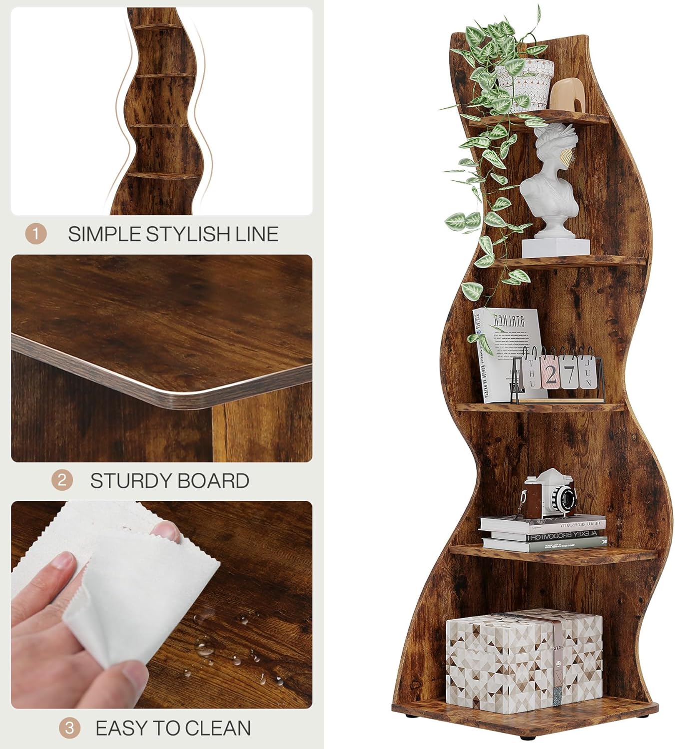 Tribesigns Corner Shelf, Rustic 5-Tier Wall Corner Bookshelf, Stylish Corner Small Bookcase Storage Rack Plant Stand with Unique Shape for Living Room, Home Office (1PC, Brown)