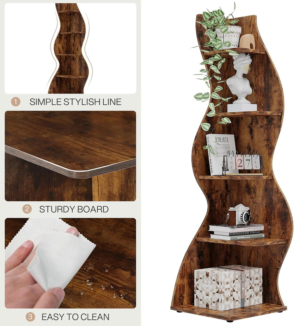 Tribesigns Corner Shelf, Rustic 5-Tier Wall Corner Bookshelf, Stylish Corner Small Bookcase Storage Rack Plant Stand with Unique Shape for Living Room, Home Office (2PCS, Brown)