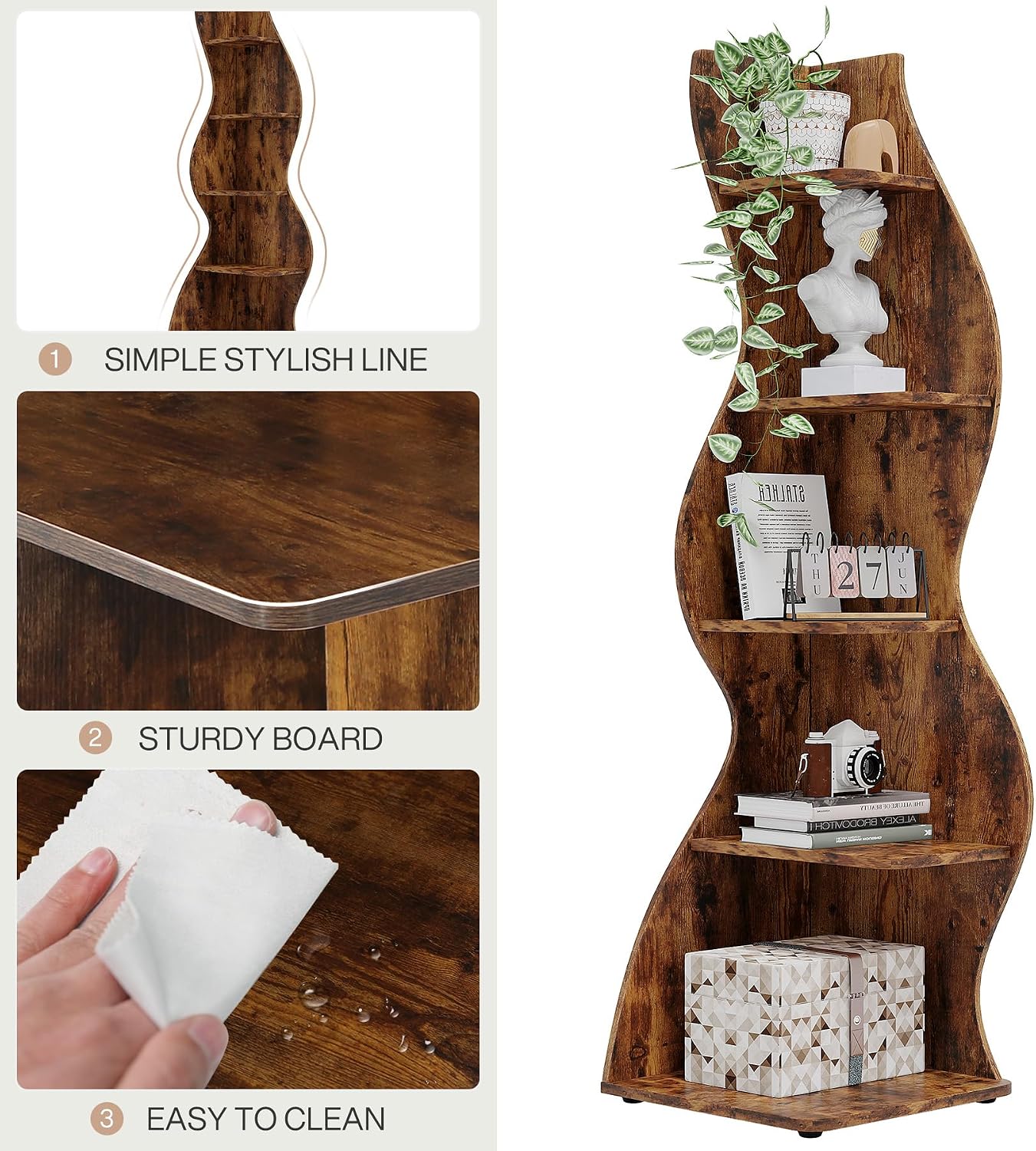 Tribesigns Corner Shelf, Rustic 5-Tier Wall Corner Bookshelf, Stylish Corner Small Bookcase Storage Rack Plant Stand with Unique Shape for Living Room, Home Office (2PCS, Brown)