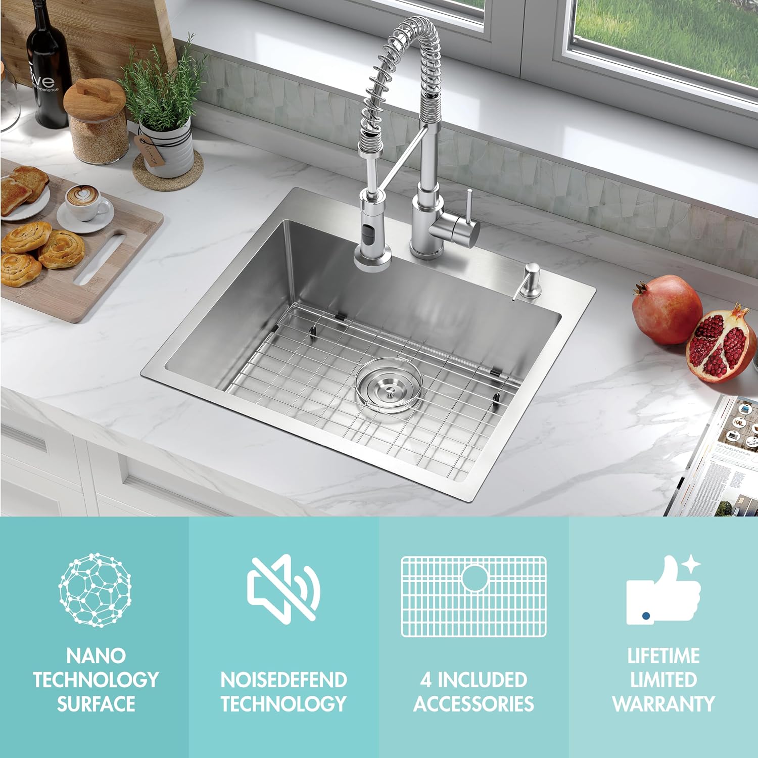 ATTOP 25 Inch Medium Single Bowl Drop in Kitchen Sink,Nano Coating Stainless Steel Handmade Single Bowl Topmount Sink