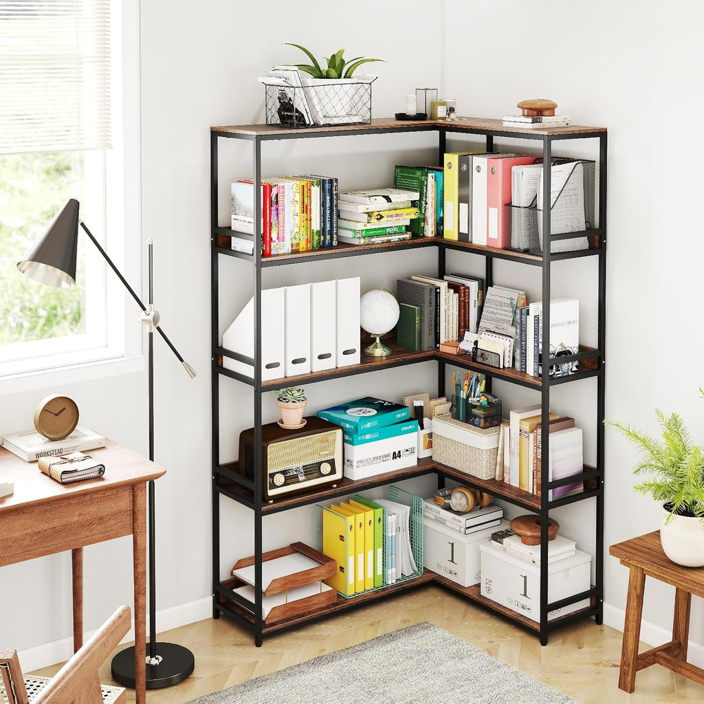 Tangkula Large Corner Bookshelf, 90 Degrees 5-Tier Industrial Wood Open Corner Bookcase for Small Spaces, Heavy-Duty Metal Frame, 71'H L-Shaped Storage Display Rack for Living Room (Rustic Brown)