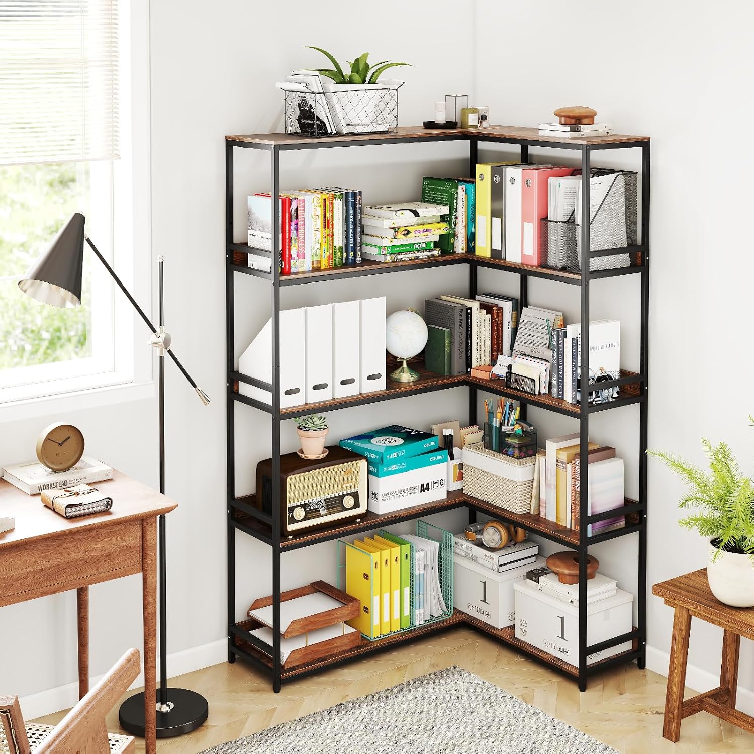 Tangkula Large Corner Bookshelf, 90 Degrees 5-Tier Industrial Wood Open Corner Bookcase for Small Spaces, Heavy-Duty Metal Frame, 71'H L-Shaped Storage Display Rack for Living Room (Rustic Brown)