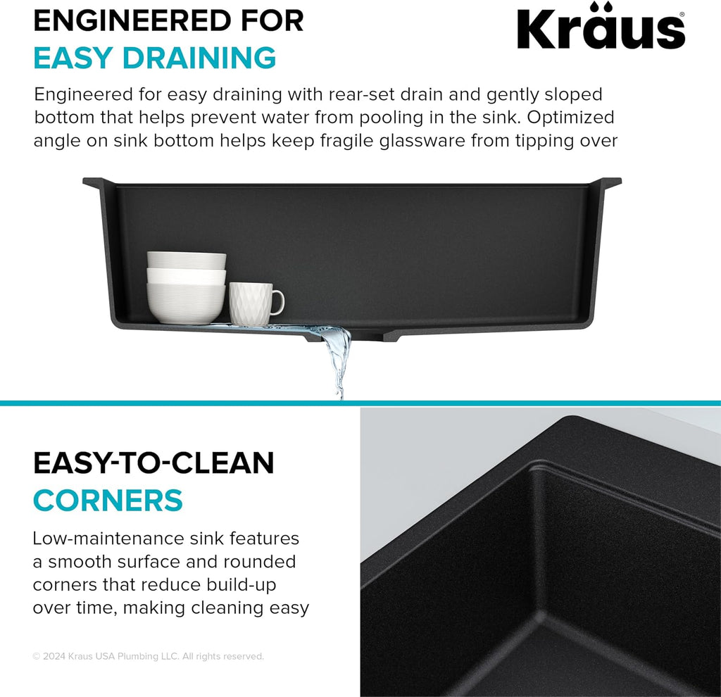 KRAUS Quarza 31-inch Drop-In/Undermount Single Bowl Granite Kitchen Sink in Black Onyx, KGD-412B