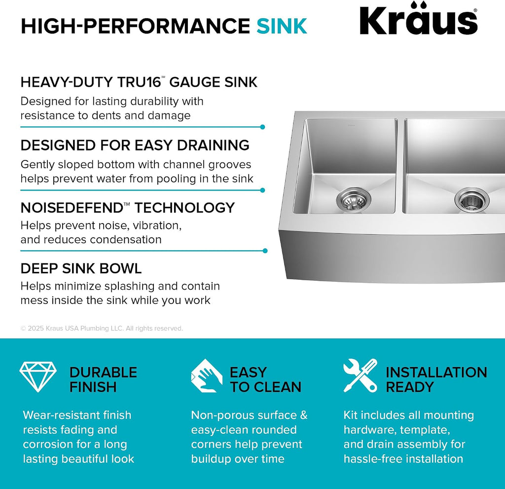 Kraus KHF204-33 Standart PRO Kitchen Stainless Steel Sink, 16 Gauge, 33' Undermount Round Apron 40/60 Double Bowl Kitchen Sink