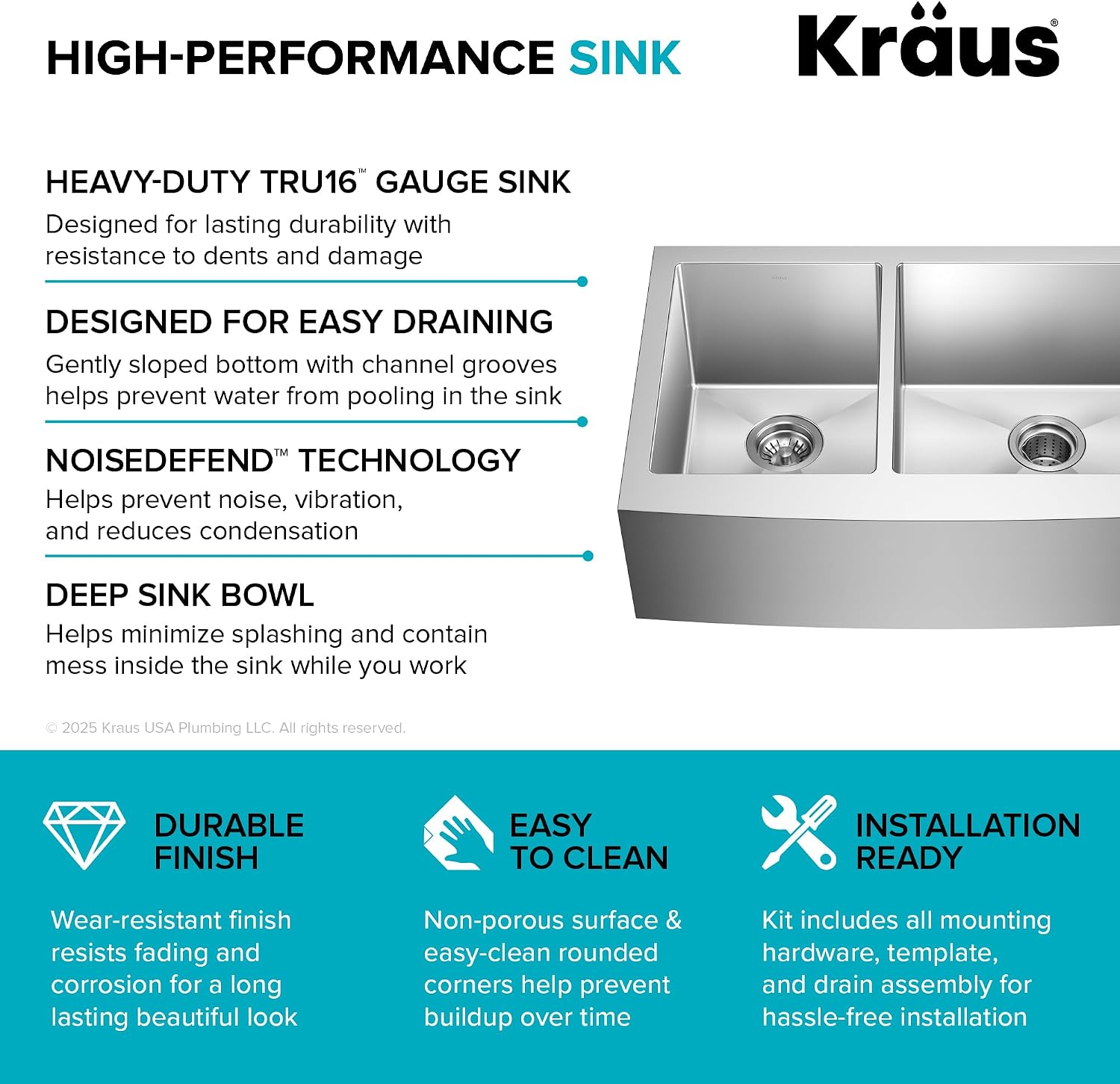 Kraus KHF204-33 Standart PRO Kitchen Stainless Steel Sink, 16 Gauge, 33' Undermount Round Apron 40/60 Double Bowl Kitchen Sink