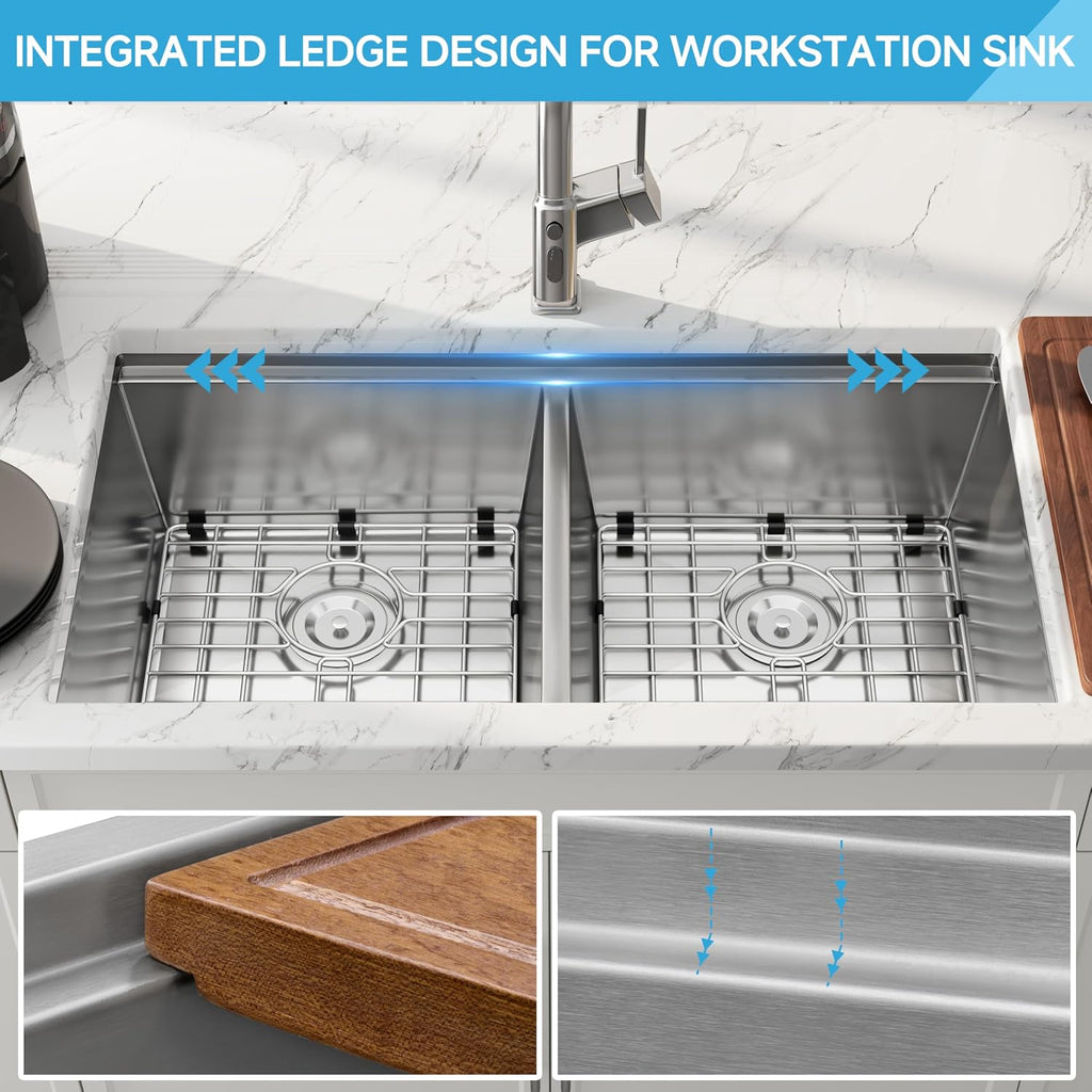 32 Inch Workstation Undermount Double Bowl Kitchen Sink, 16 Gauge 304 Stainless Steel Handmade Spacious Deep Kitchen Sinks, Accessories and Ledge Included, 32' x 18' x 10'