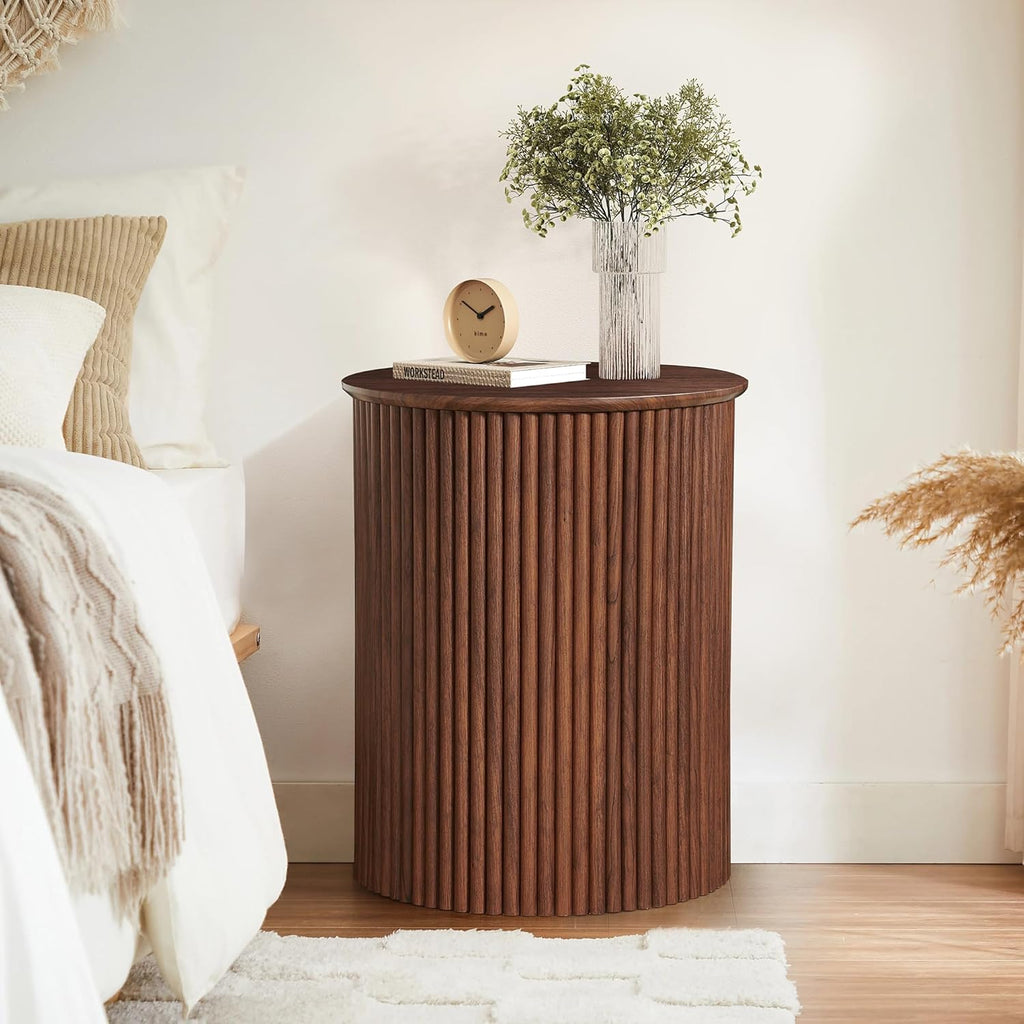 AVZEAR Small Round Side Table Fluted Night Stand Set of 2, 17.7' Mid Century Modern End Table, Circle Bedside Tables Wood Nightstands for Small Spaces, Living Room, Bedroom (Rustic Walnut)