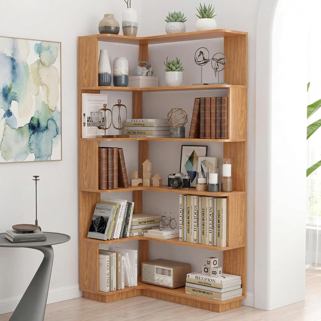 5 Tier Corner Bookshelf, Freestanding L-Shaped Wooden Bookcase with Open Shelves, Anti-Fall Panels and Anti-Tipping Device for Living Room, Home Office (Dark Oak with Right Extension)