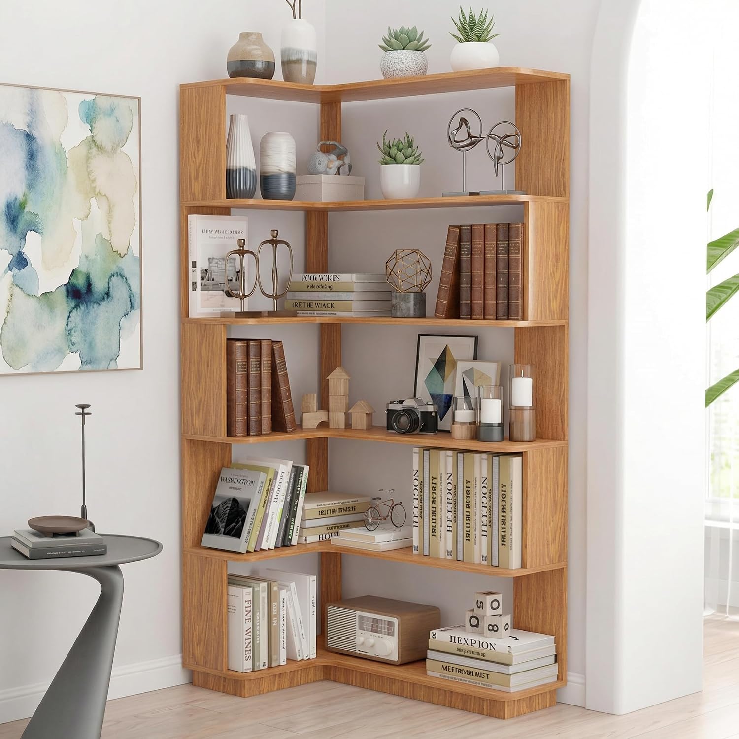 5 Tier Corner Bookshelf, Freestanding L-Shaped Wooden Bookcase with Open Shelves, Anti-Fall Panels and Anti-Tipping Device for Living Room, Home Office (Dark Oak with Right Extension)
