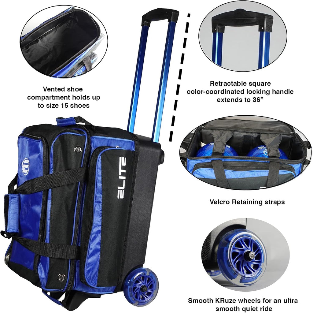 ELITE Deluxe 2 Ball Bowling Bag with 5' Smooth Wheels - Large Accessory Pocket, Shoe Compartment, 36' Extendable Handle