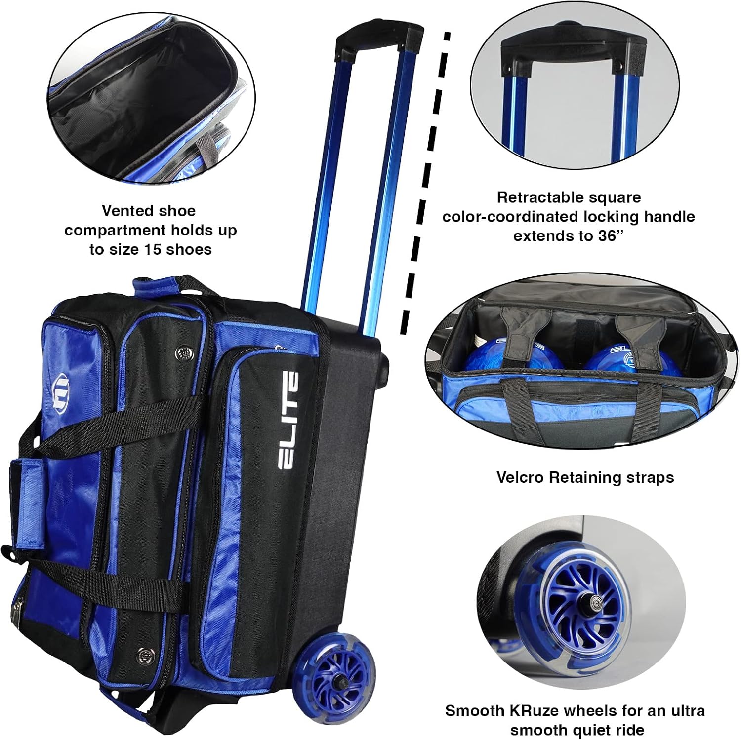 ELITE Deluxe 2 Ball Bowling Bag with 5' Smooth Wheels - Large Accessory Pocket, Shoe Compartment, 36' Extendable Handle