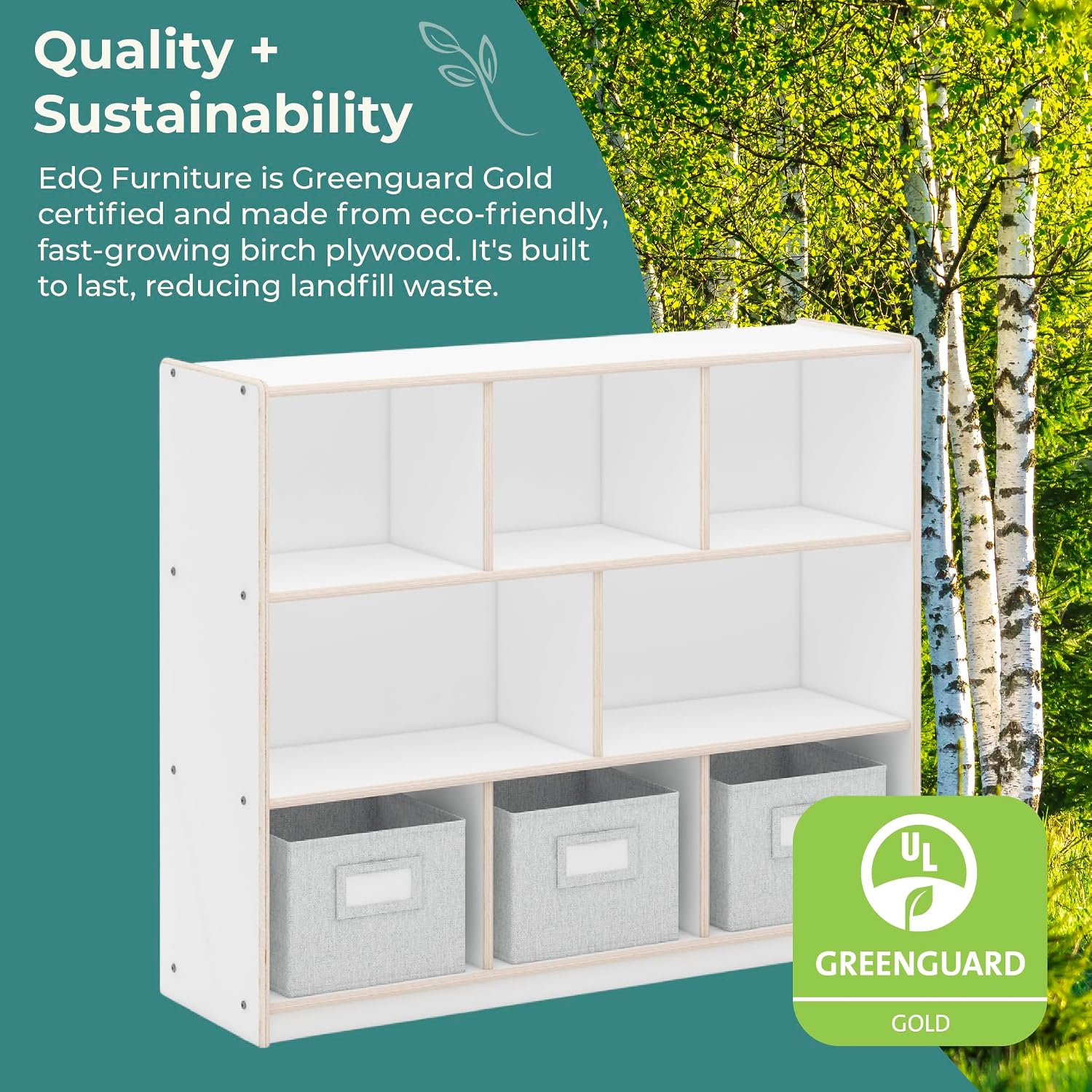 Guidecraft EdQ Three Shelf Compartment Storage White with 3 Fabric Bins: Wooden Bookshelf and Toy Organizer for Kids, Storage Unit for Homeschool and Classroom