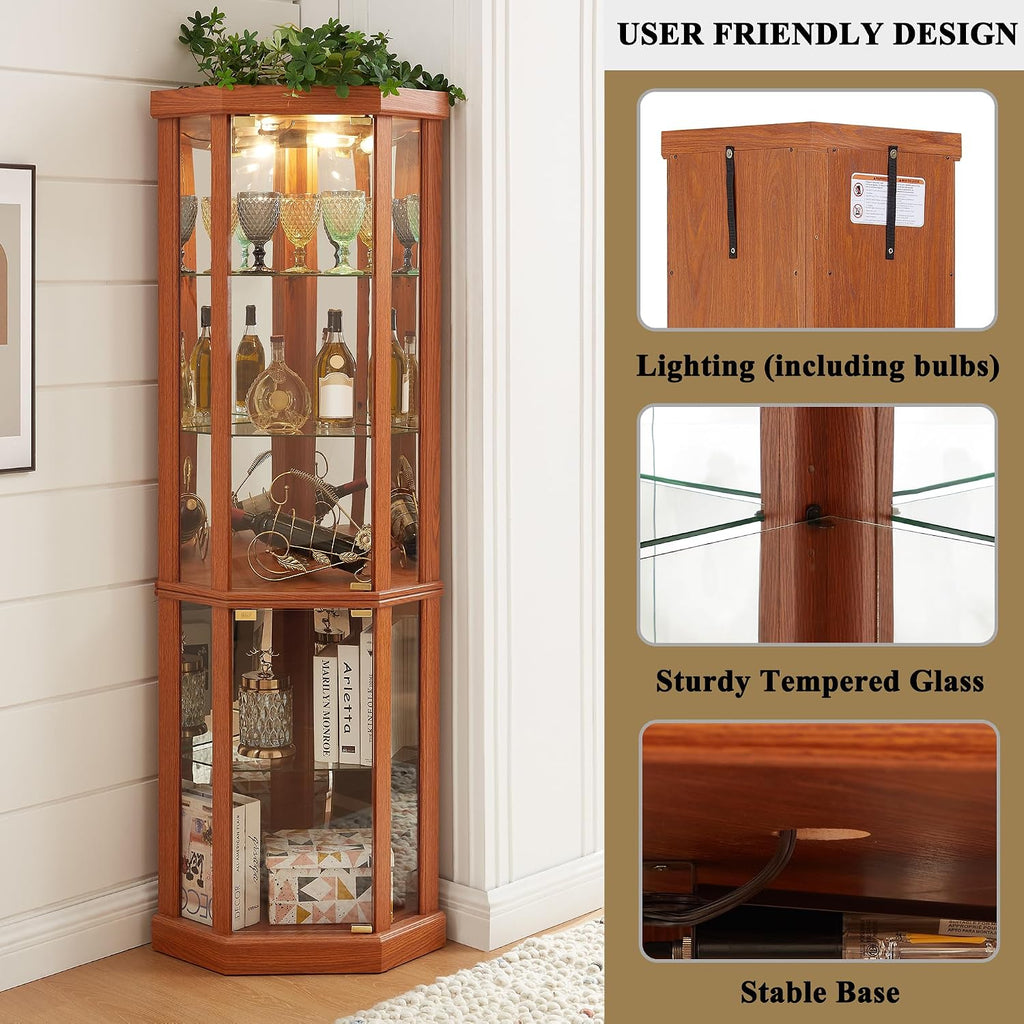 69' H Lighted Corner Display Cabinet, Curio Corner Glass Cabinet w/Adjustable Shelves & Glass Door, 5-Tier Wooden Storage Display Case w/Mirrored Back Pane for Living Room (Dark Oak)