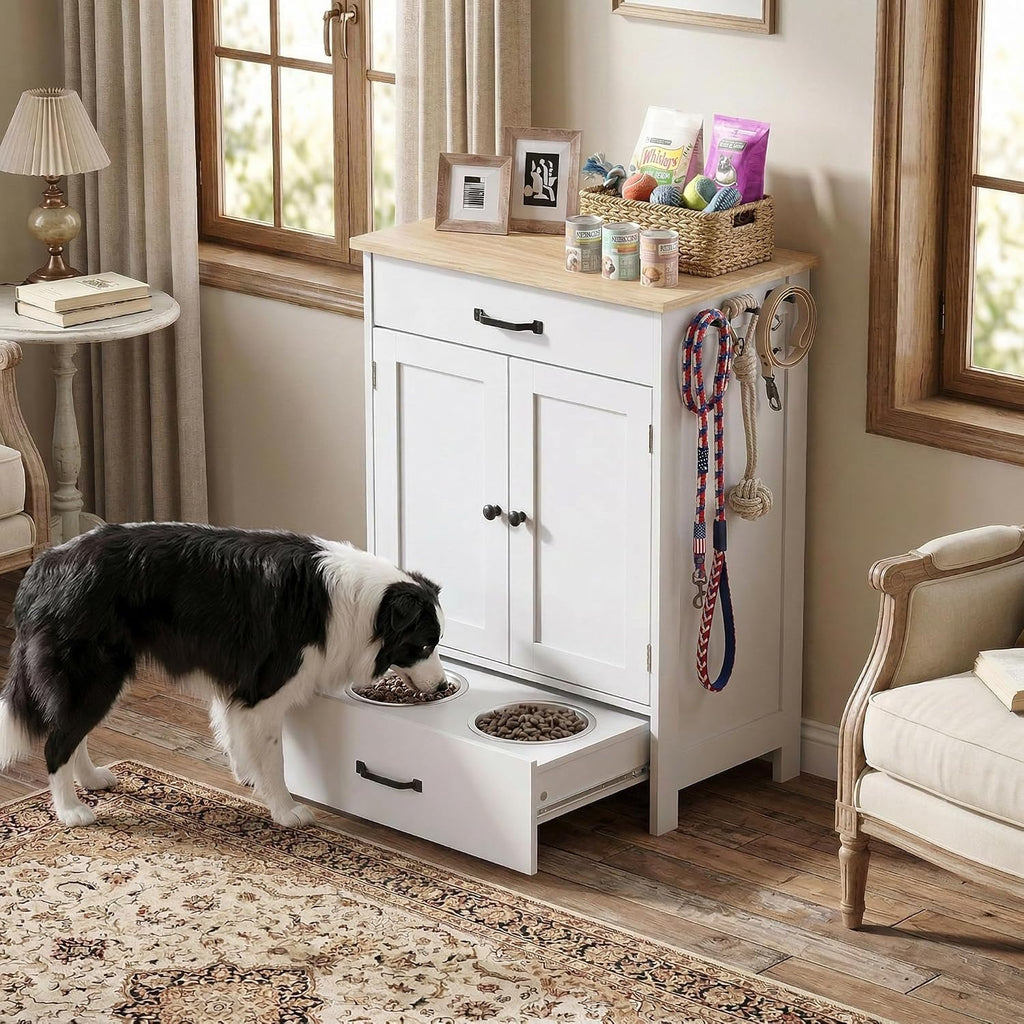 Dog Feeding Station with 2 Elevated Dog Bowls, Food Storage with Adjustable Shelf and Sliding Drawer, Hidden Pet Feeder Station for Cats and Dogs, White