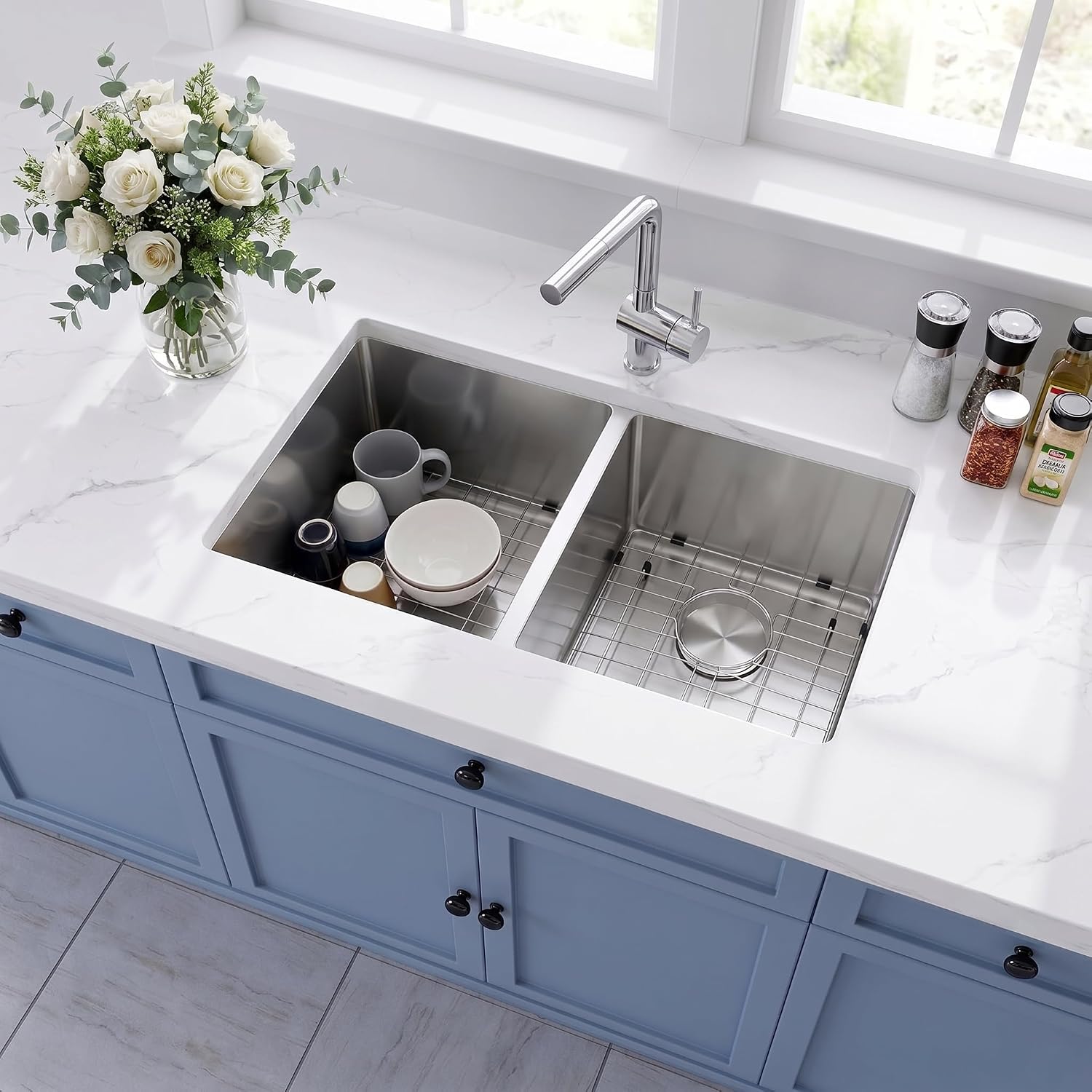 Kitsitchen Undermount Kitchen Sink,16 Gauge 304S Stainless Steel Double Kitchen Sink with Drain Strainers & Grids, 31' x 18' x 9' Large and Deep Handmade Kitchen Sinks,50/50 Double Bowl Design