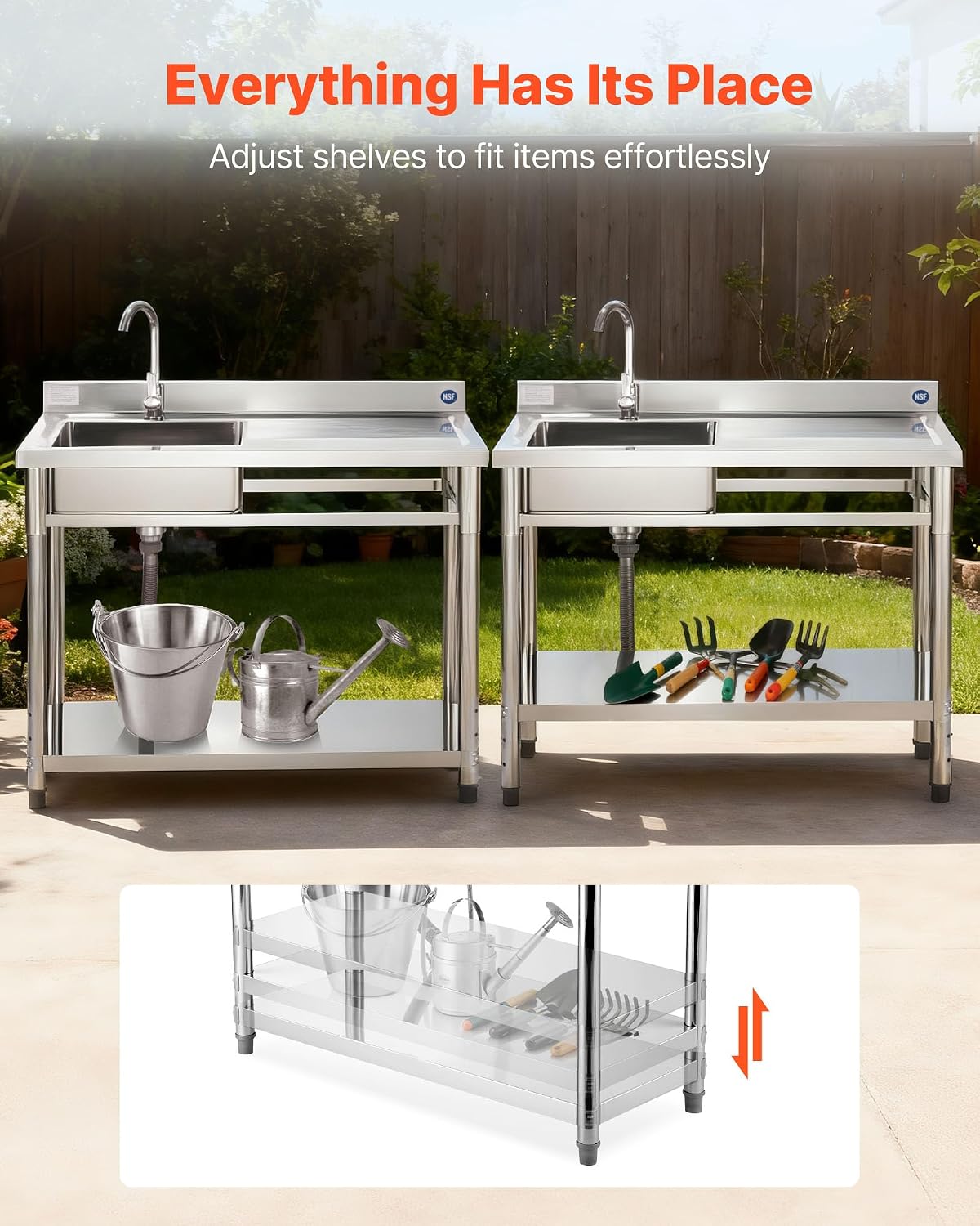 VEVOR Stainless Steel Utility Sink, Free Standing Single Bowl Commercial Kitchen Sink with Faucet, Utility Right Basin Workbench with Hot & Cold Water Pipe for Garage Restaurant Laundry, 47x19.7x37 in