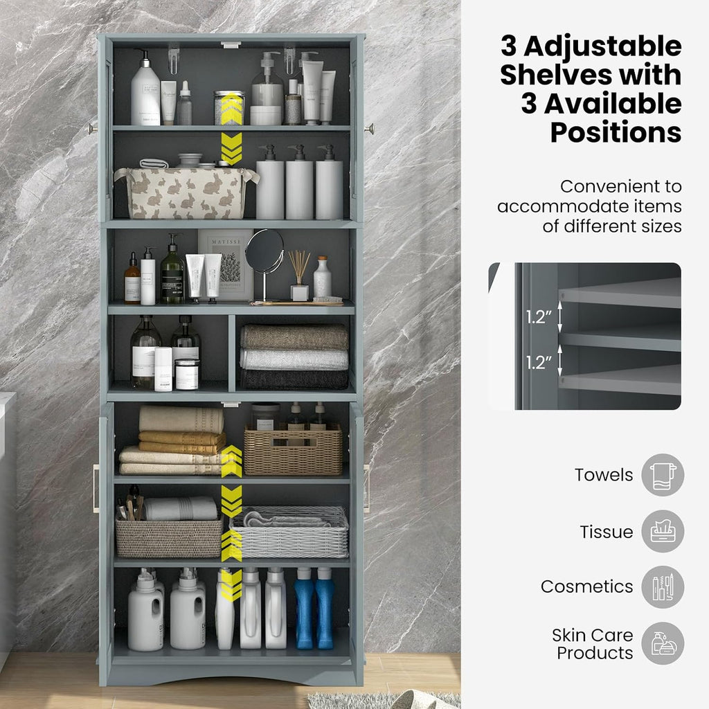 Tangkula Tall Bathroom Cabinet, Modern Kitchen Cupboard Pantry with Adjustable Shelves, 2 Acrylic Doors & 3 Open Cubes, Large Floor Storage Cabinet for Bathroom Living Room (23.5 x 12 x 57 Inch,Grey)
