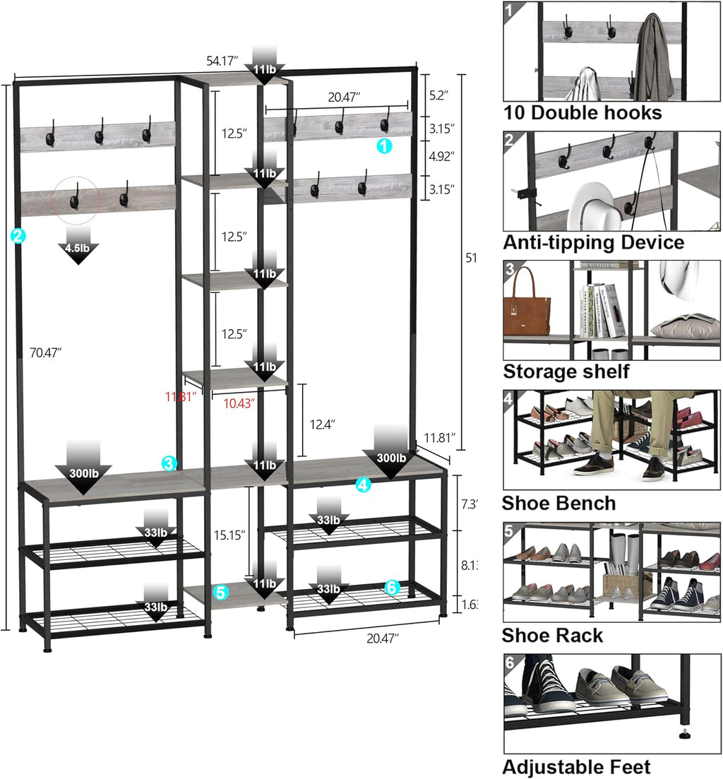 GiftGo Corner Hall Tree with Shoe Rack Storage Bench Display Open Shelves Modern Industrial Entryway Coat Rack Stand for Home Living Room Mudroom Bedroom Multifuncitonal 5 in 1 (Greige)